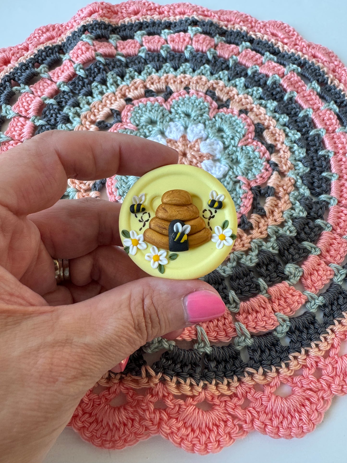 Lemon bee needle minder, beehive needle nanny, pin cushion, cross stitch, fridge magnet, bees and beehive, crochet tools