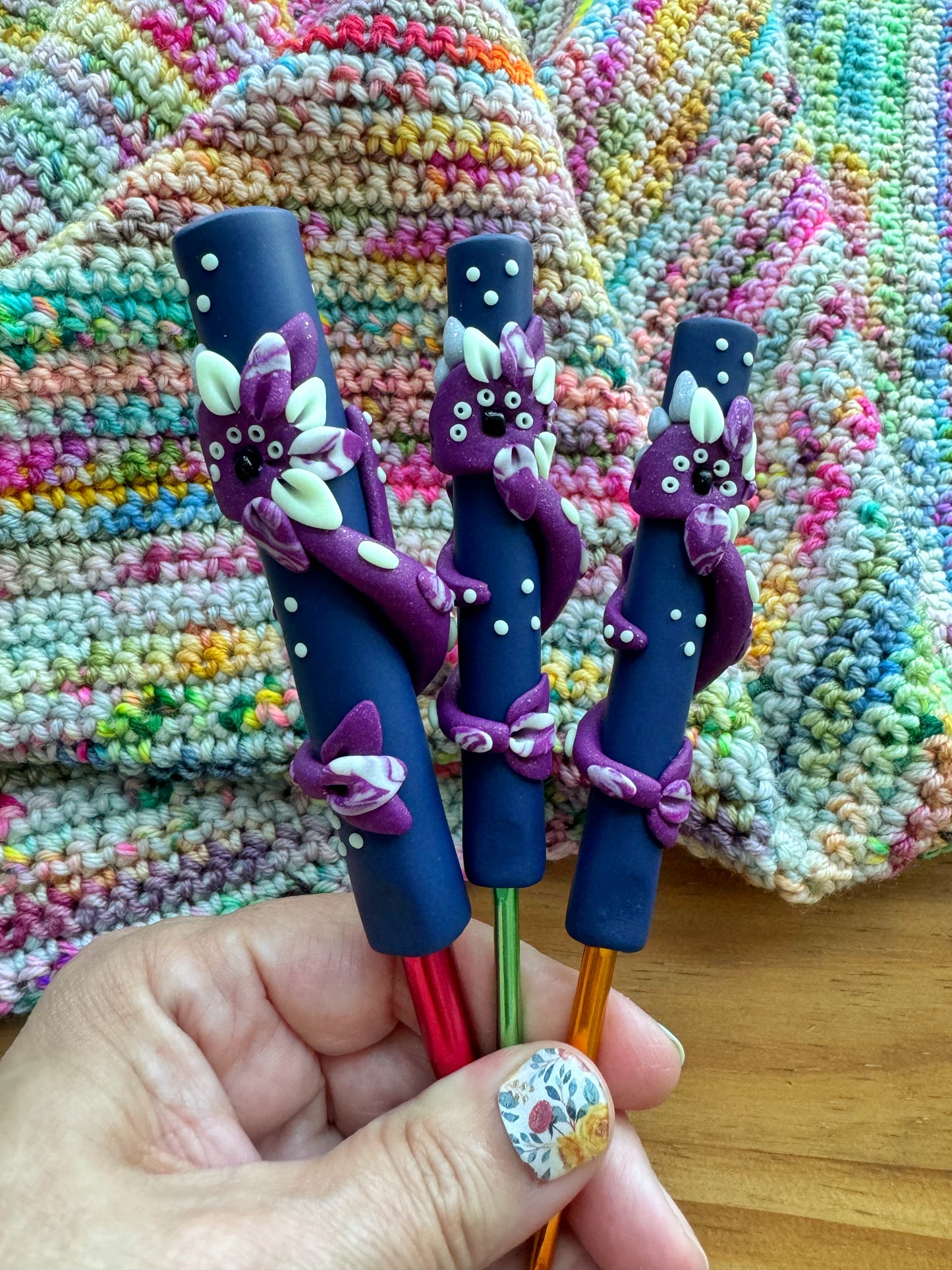 Glow in the Dark Night Dragon, Polymer Clay Ergonomic Dragon Crochet Hook