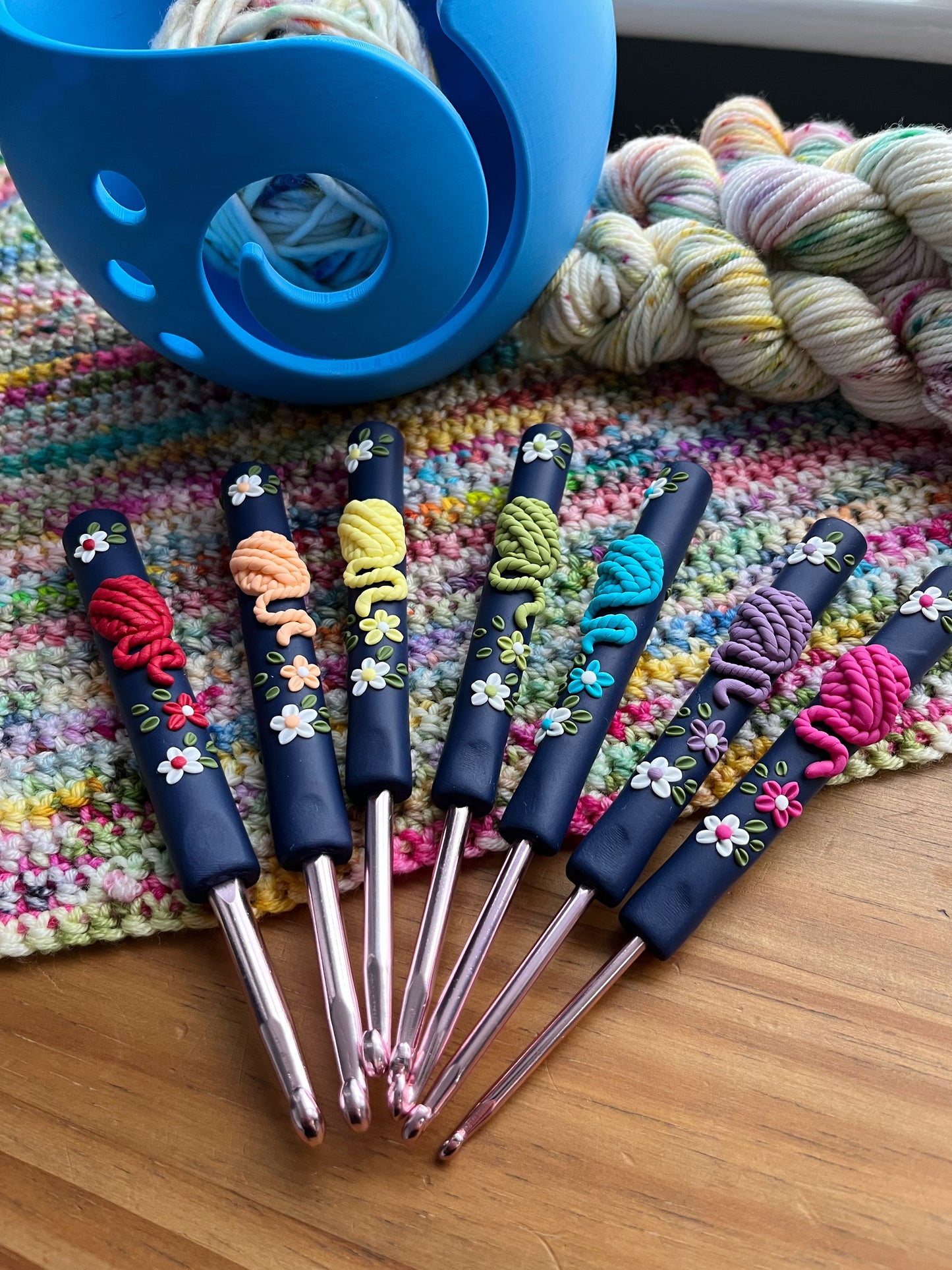 Rainbow yarn ball crochet hook, polymer clay crochet hooks, yarn lover, gift for her, choose your colour