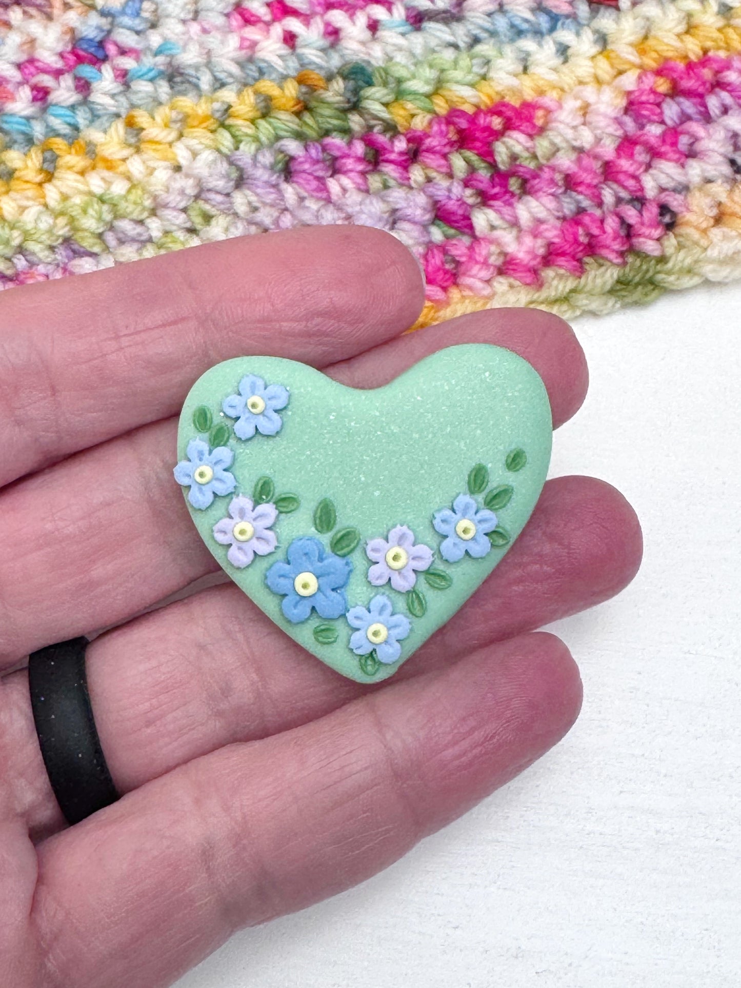 Forget Me Not Polymer Clay Needle Minder, Heart Shaped Flower Needle Magnet