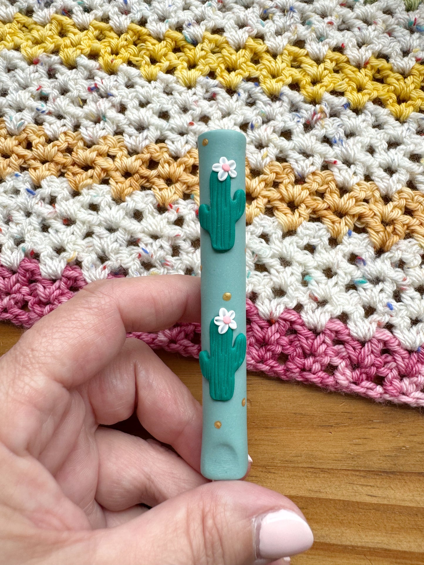 Sea Green Cactus Polymer Clay Crochet Hook, Cute Cactus Crochet Hook