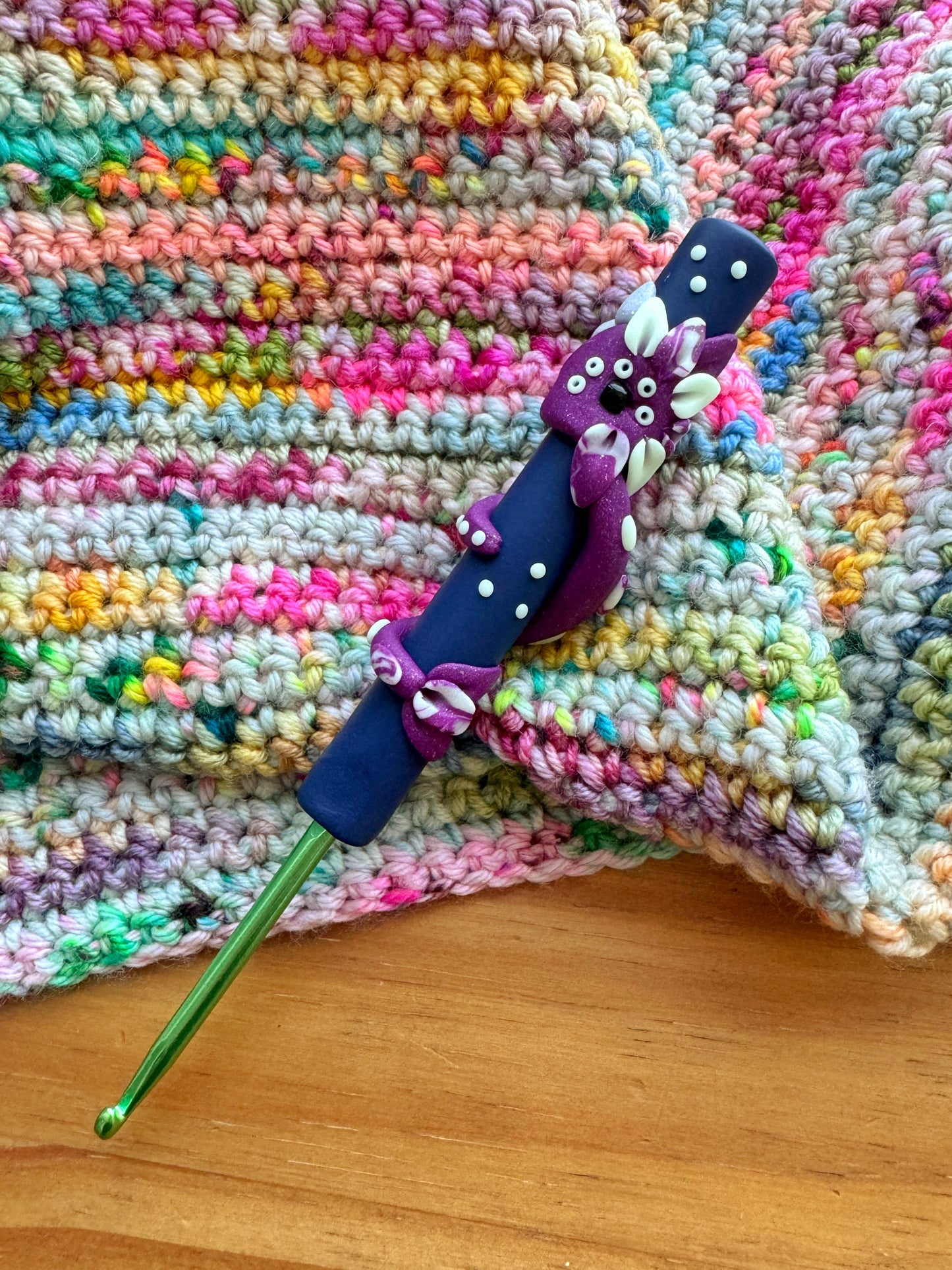 Glow in the Dark Night Dragon, Polymer Clay Ergonomic Dragon Crochet Hook