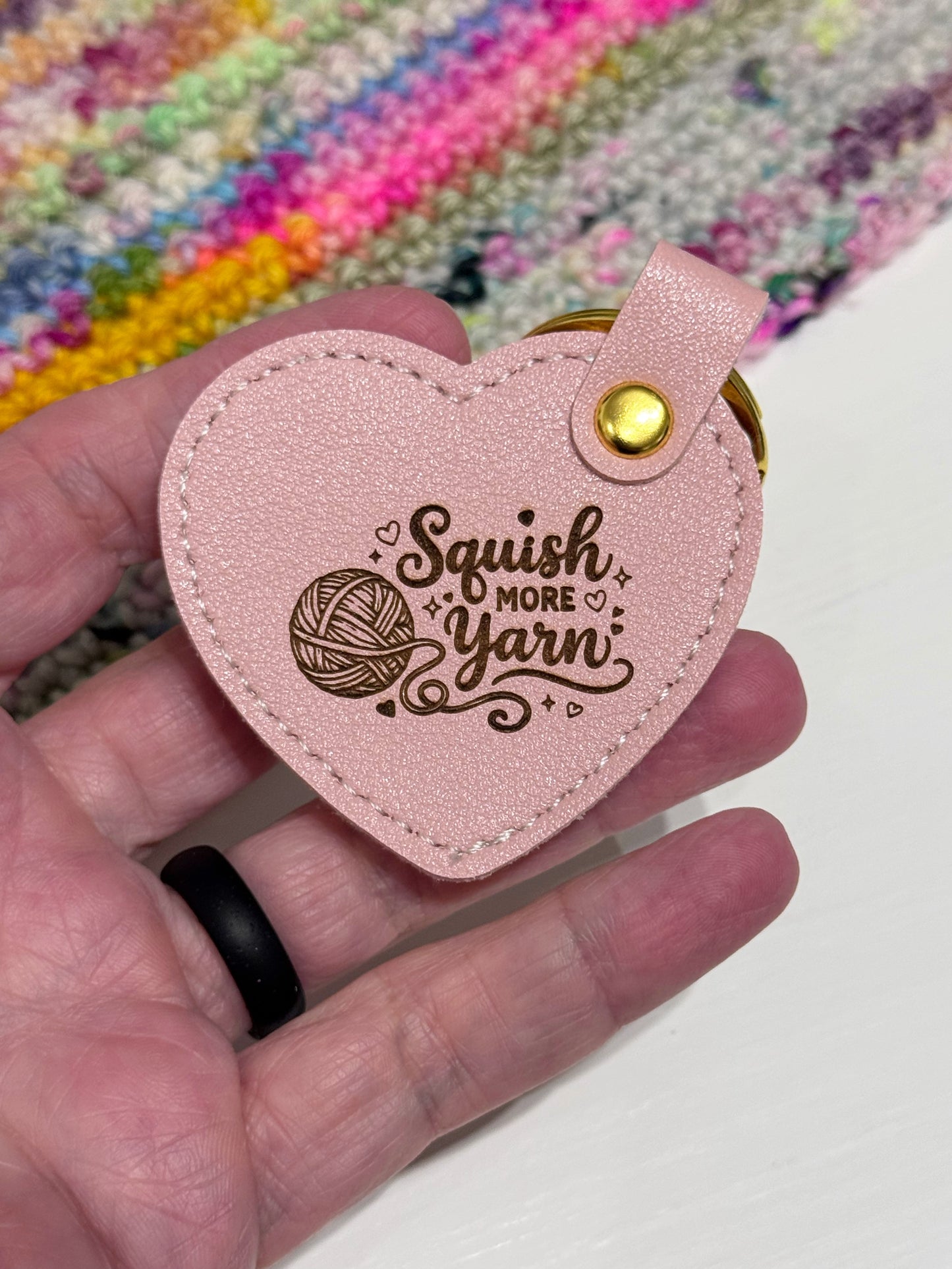 Pale Pink Faux Leather Heart Keyring – Yarn Lover Gift, Squish More Yarn