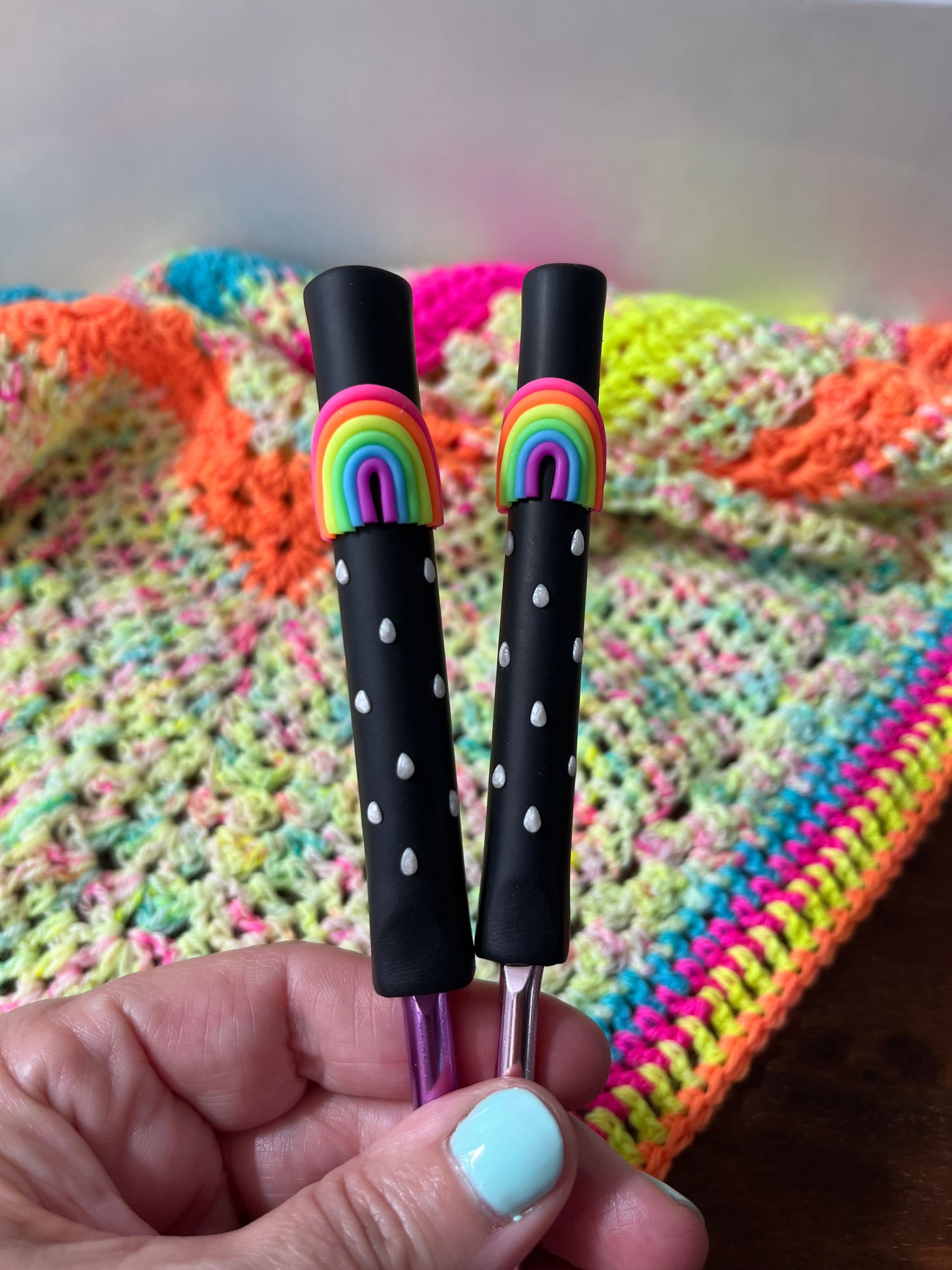 Neon rainbow crochet hook, polymer clay fancy crochet hooks, crochet supplies