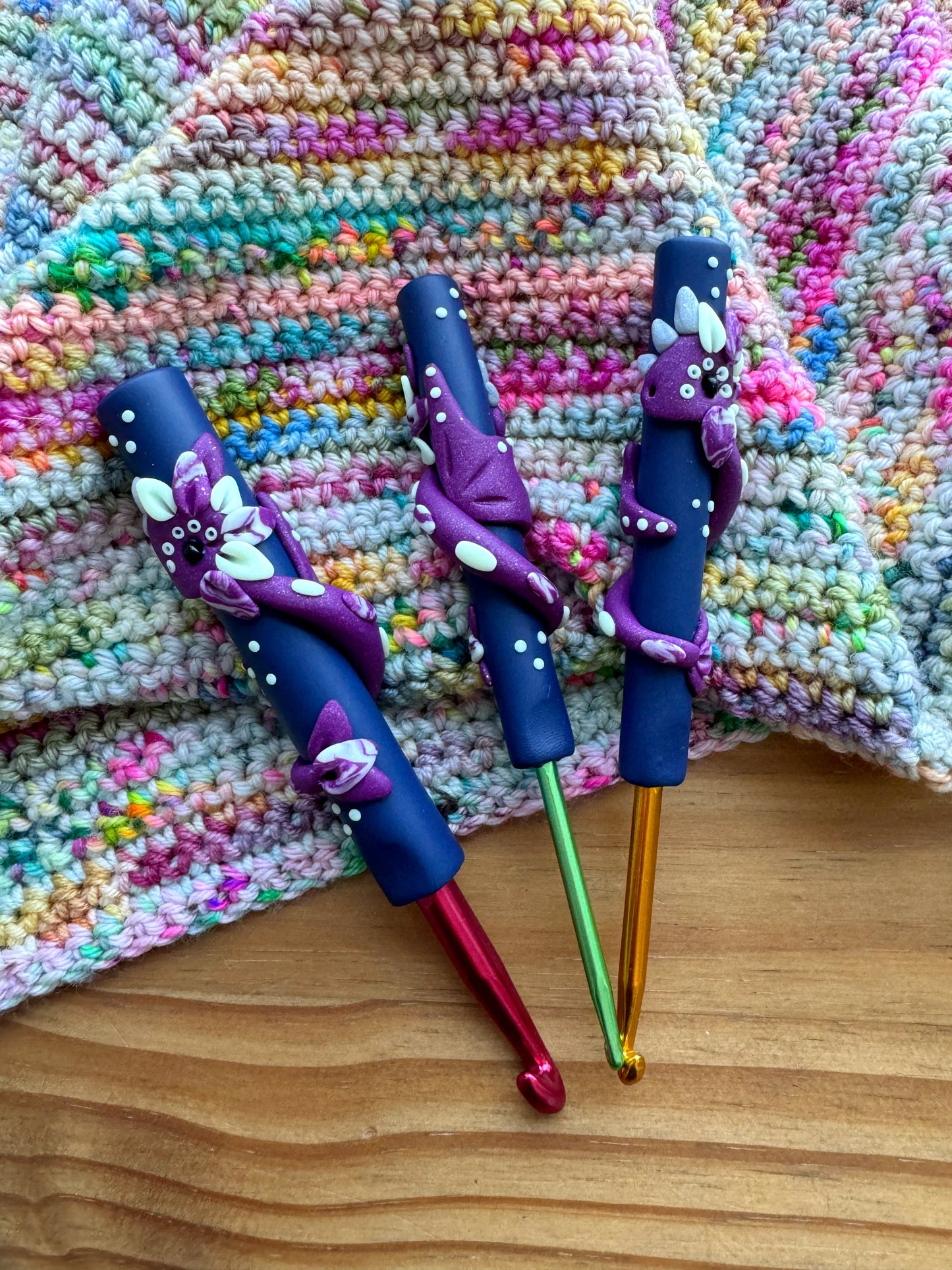 Glow in the Dark Night Dragon, Polymer Clay Ergonomic Dragon Crochet Hook