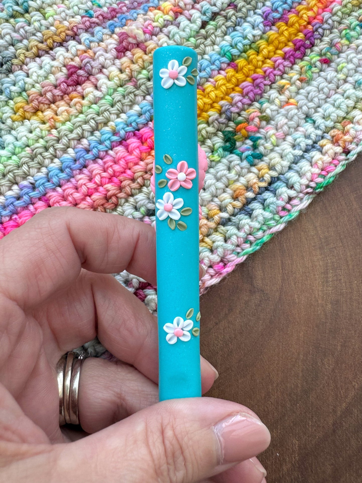Pink and Blue Yarn Ball Crochet Hook, Polymer Clay Crochet Hook