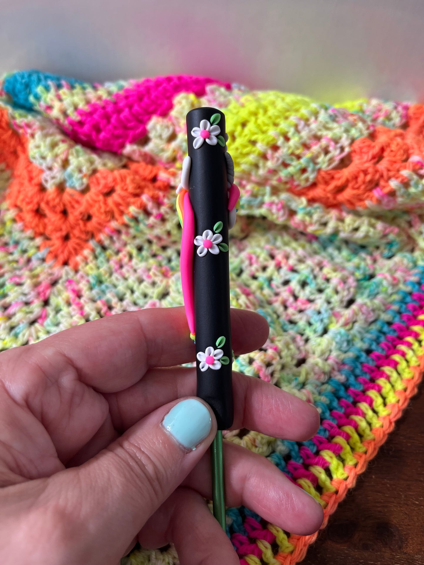 Neon unicorn polymer clay crochet hook, bright crochet accessories, mythical creature crochet