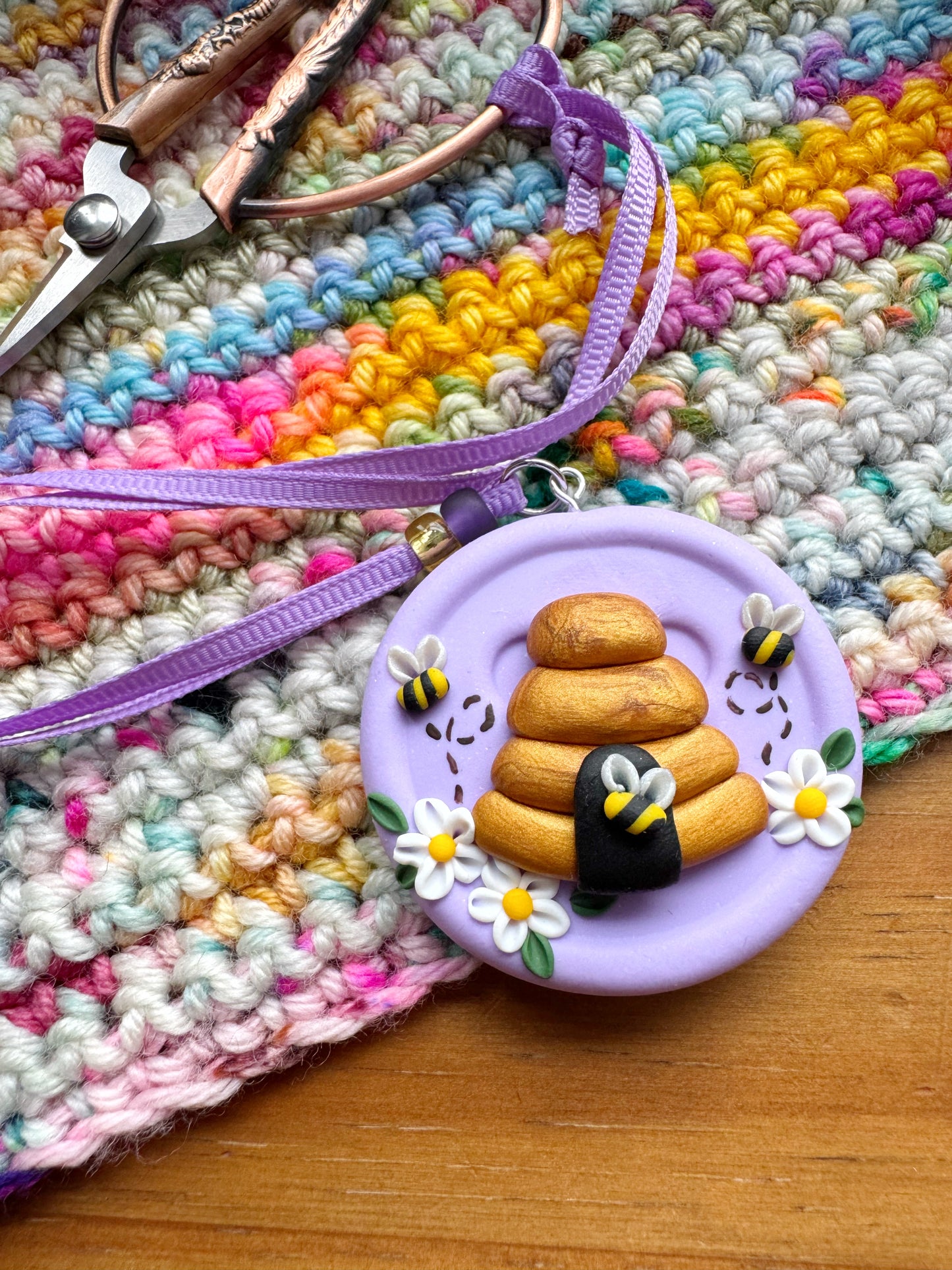 Lilac beehive scissor fob, embroidery scissor keeper
