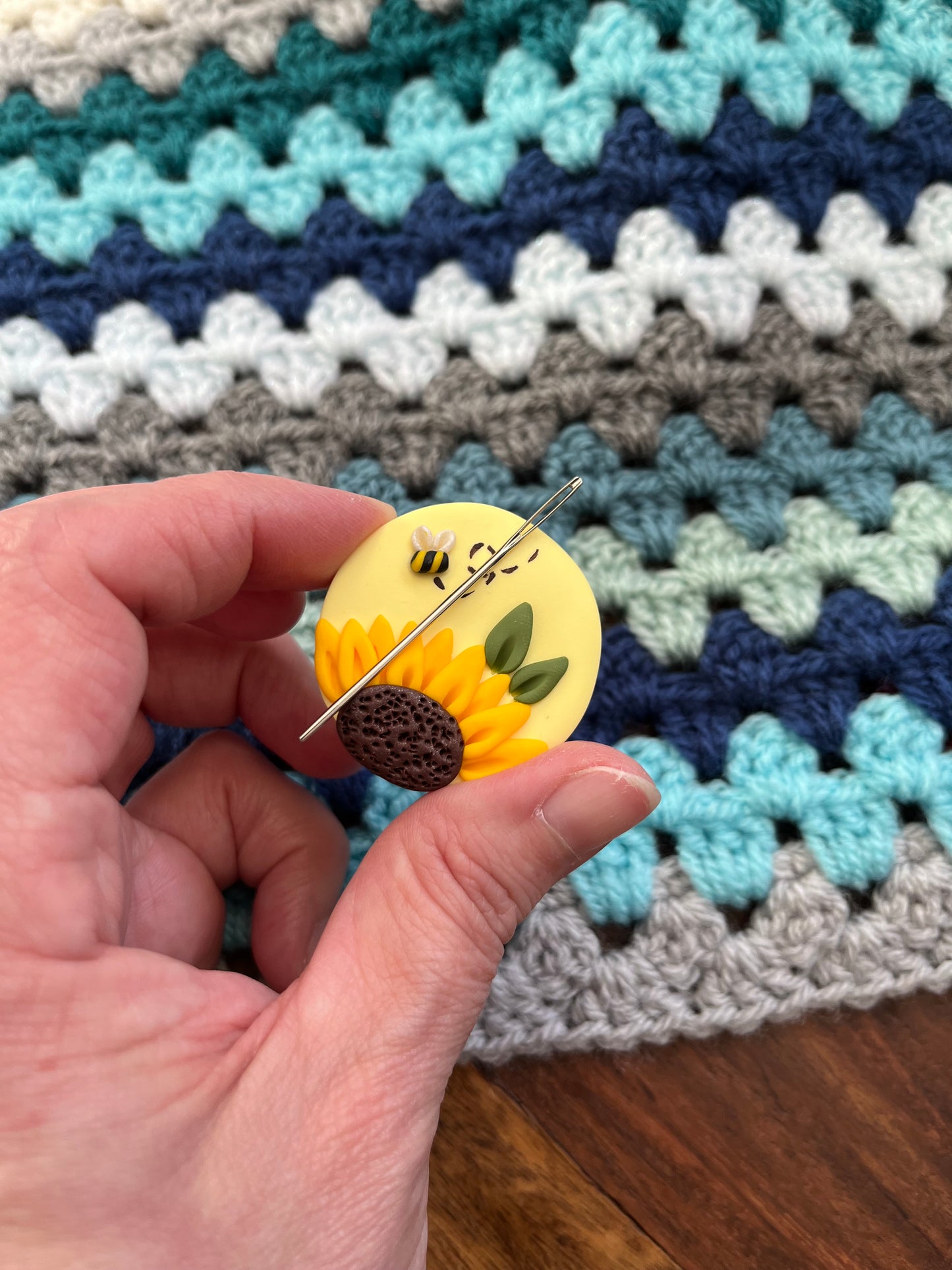 Lemon Sunflower needle minder, needle keeper, magnetic needle holder, flower magnet, pin cushion, cross stitcher