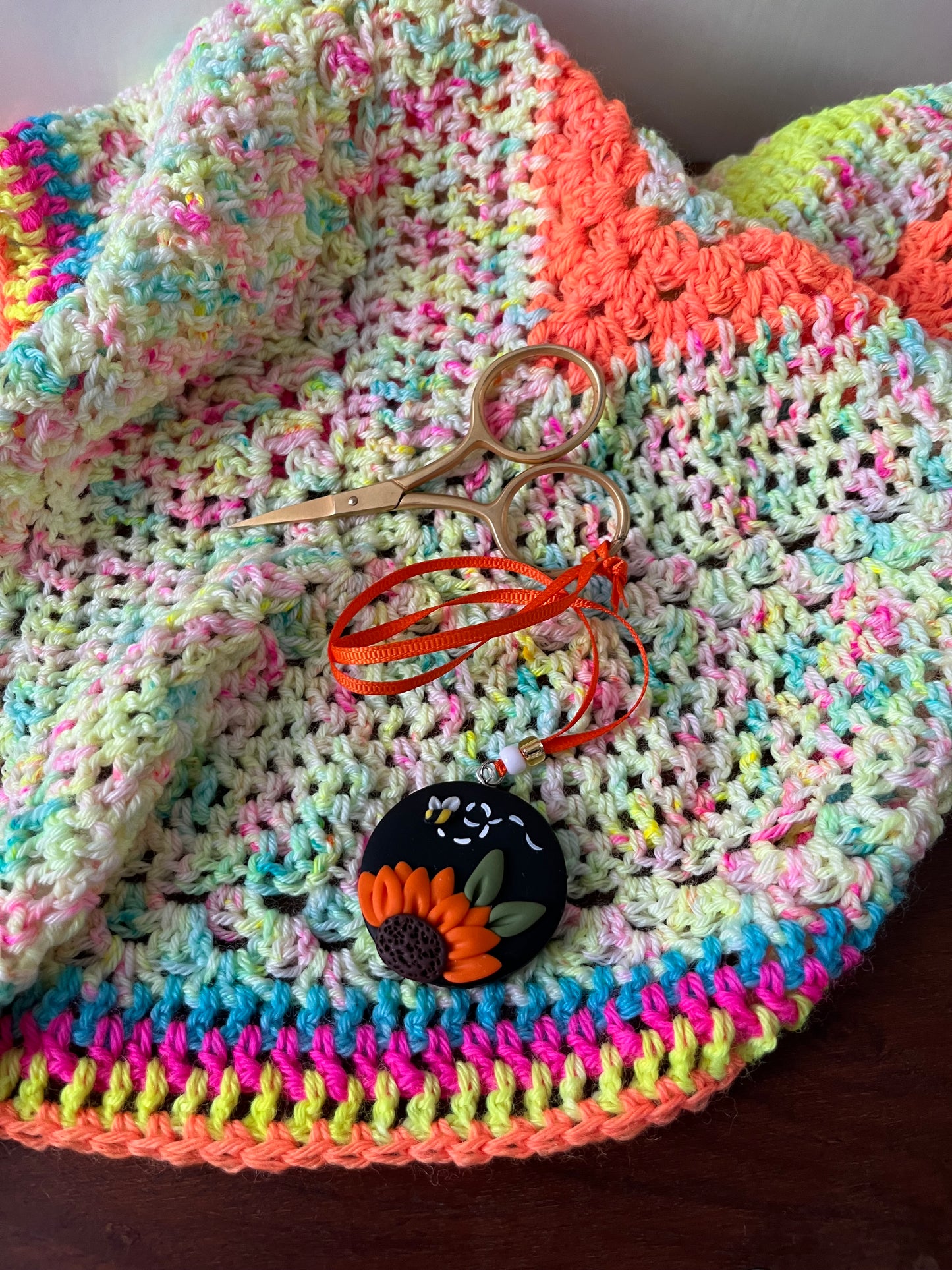 Orange Sunflower scissor fob, scissor keeper, crochet tools, gift for a stitcher, cross stitch accessories