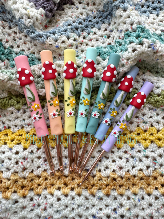 Pastel Mushroom Crochet Hook, Polymer Clay Pastel Rainbow Toadstool Crochet Hook