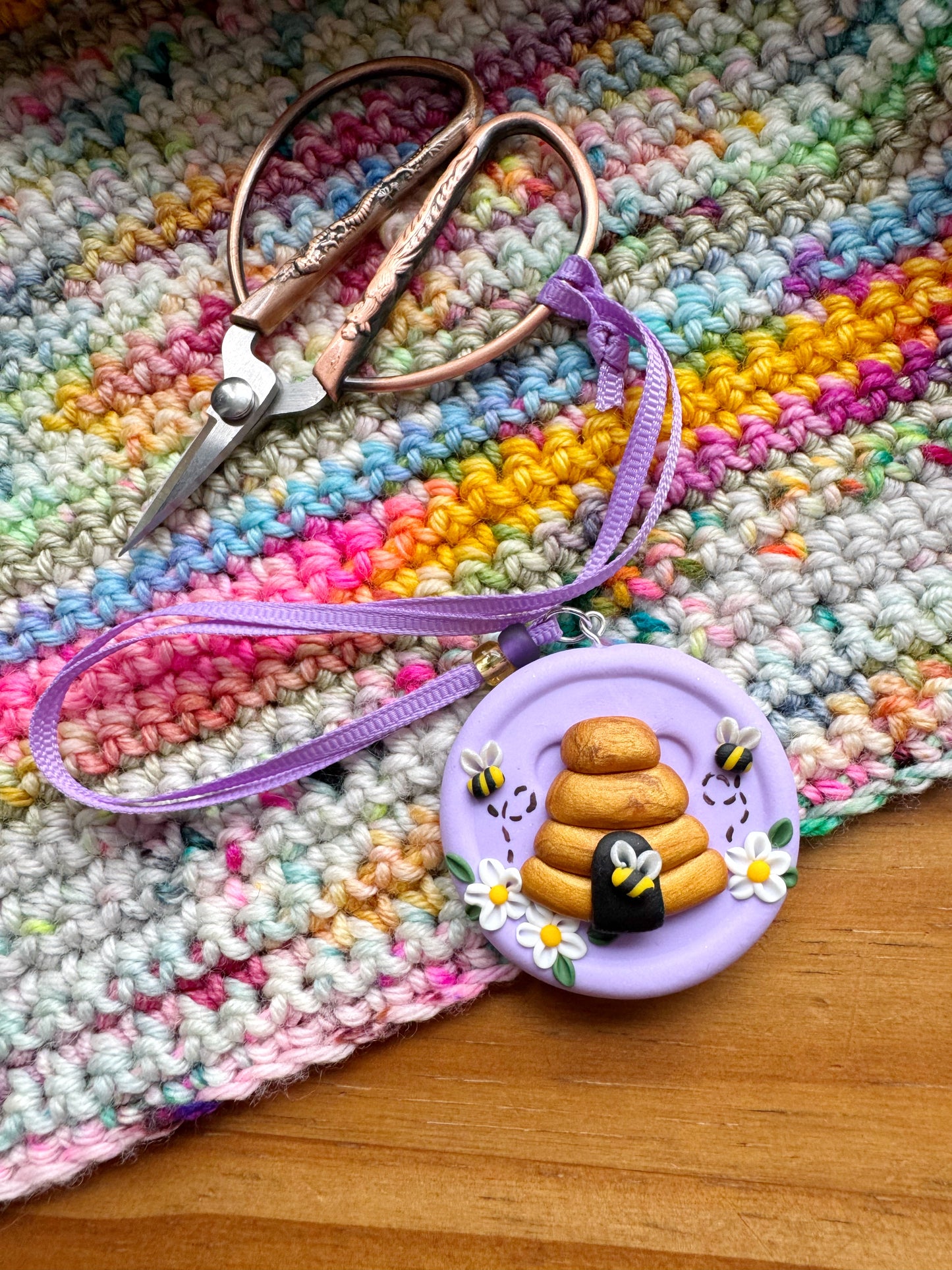 Lilac beehive scissor fob, embroidery scissor keeper