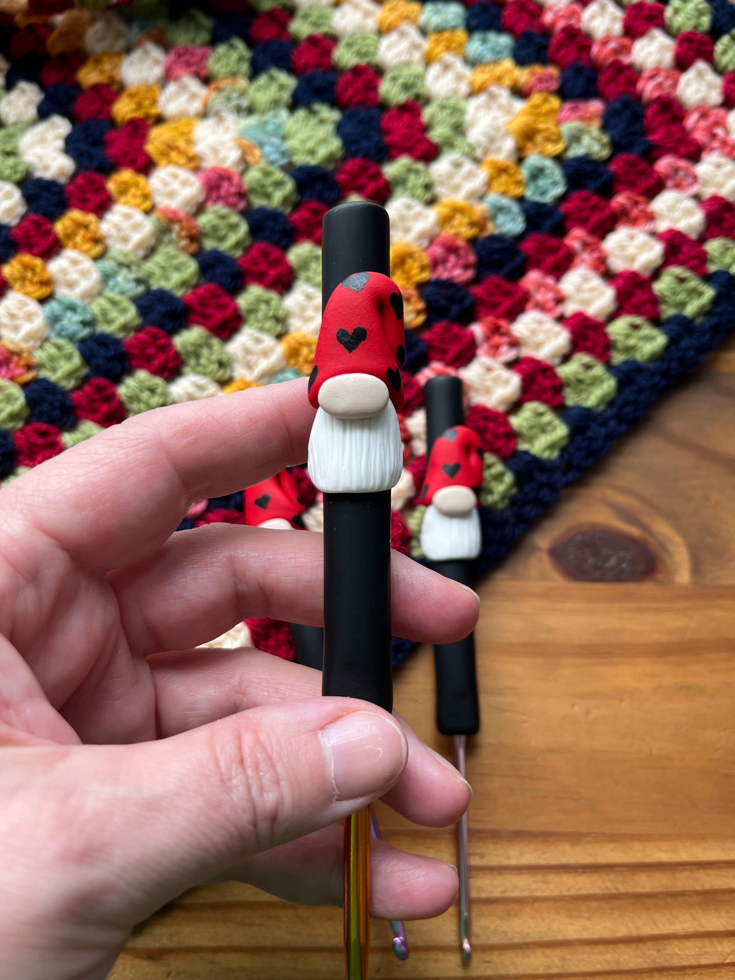 Red heart gnome crochet hook, polymer clay pastel crochet hooks, gonk crochet hooks