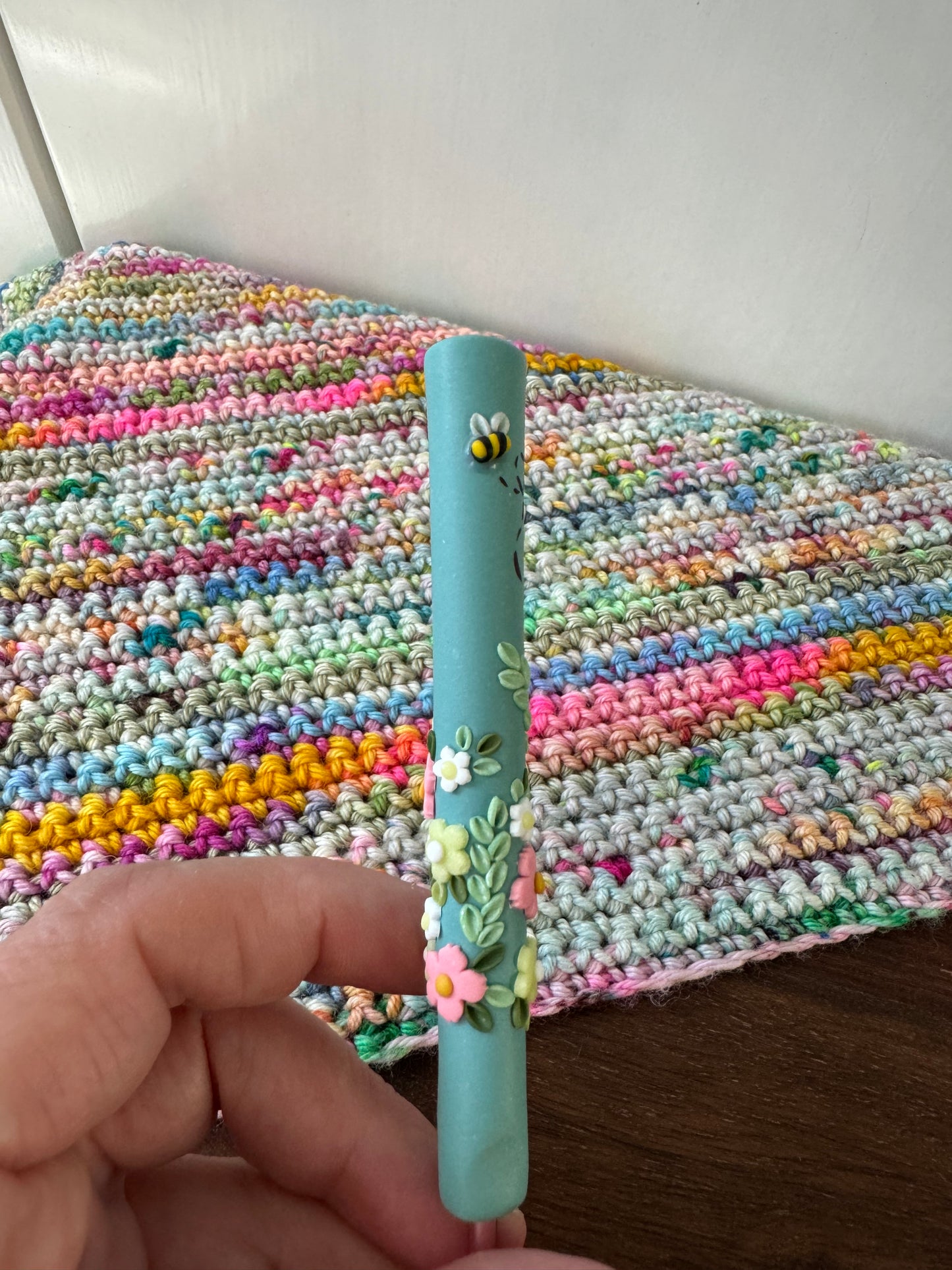 Sea Green Wildflower Crochet Hook, Polymer Clay Ergonomic Crochet Hook