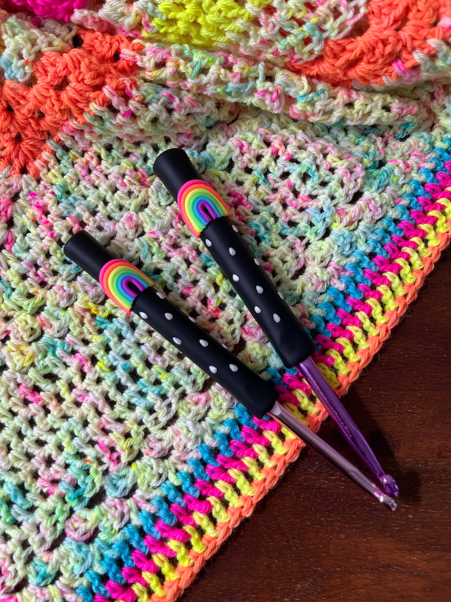 Neon rainbow crochet hook, polymer clay fancy crochet hooks, crochet supplies