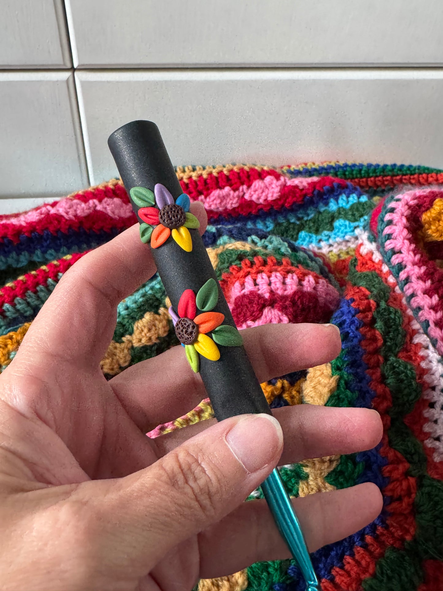 Black Rainbow Flower Polymer Clay Crochet Hook