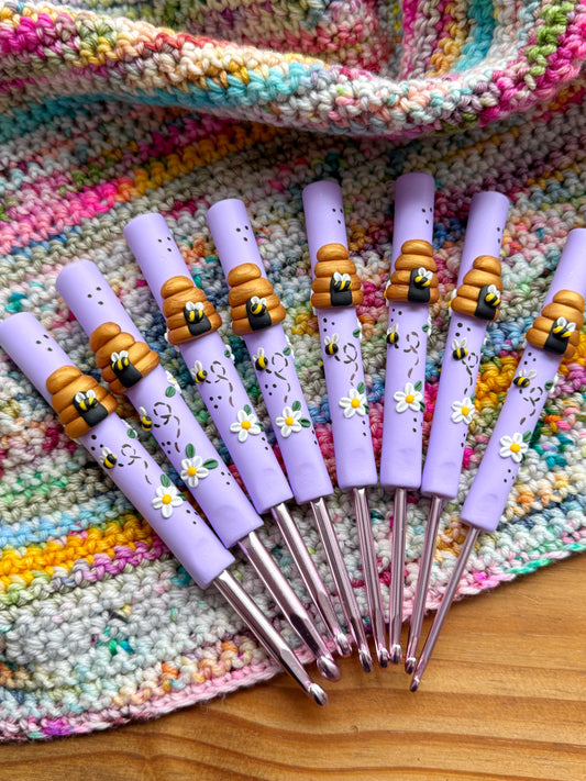 Lilac beehive polymer clay crochet hook