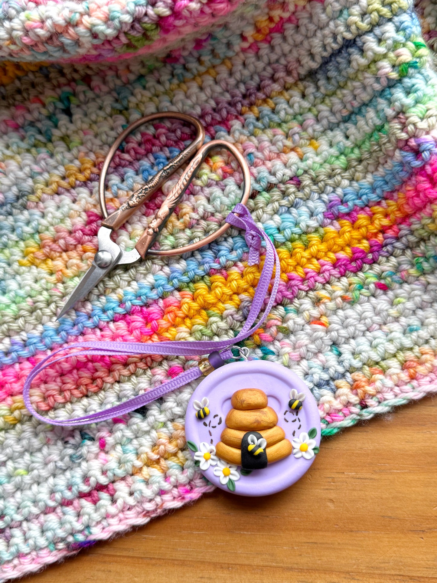 Lilac beehive scissor fob, embroidery scissor keeper