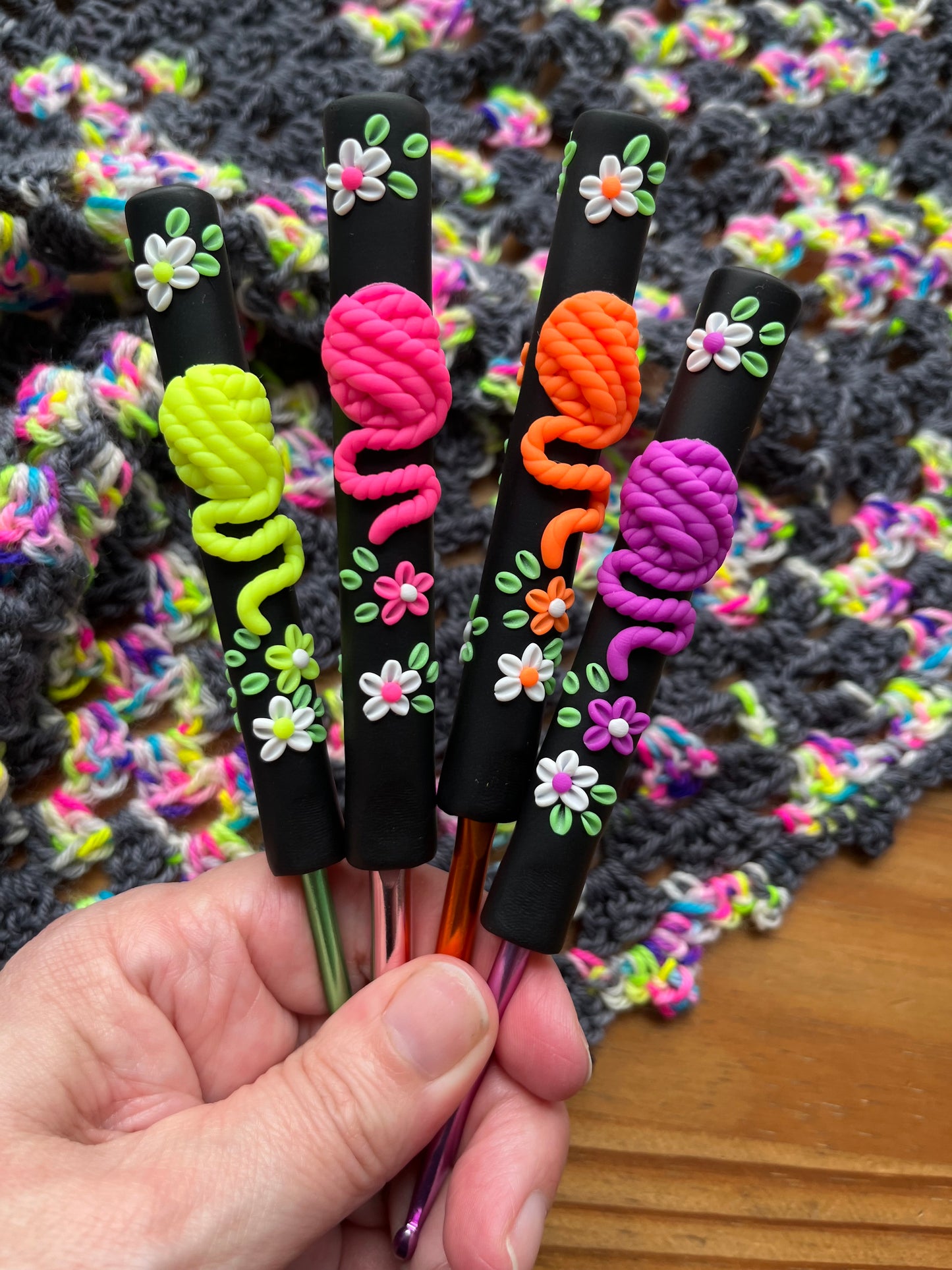 Neon Yarn Ball Crochet Hook, Handmade Polymer Clay Crochet Hook