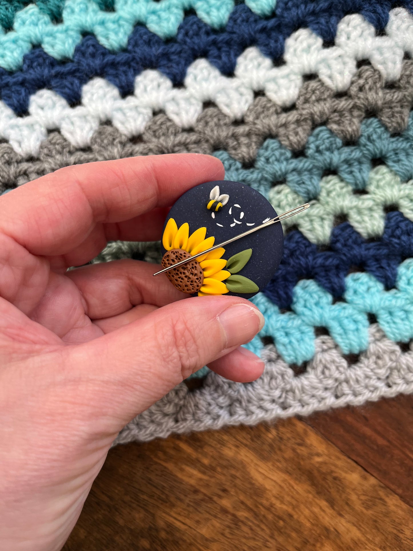 Navy Sunflower needle minder, needle keeper, magnetic needle holder, flower magnet, pin cushion, cross stitcher