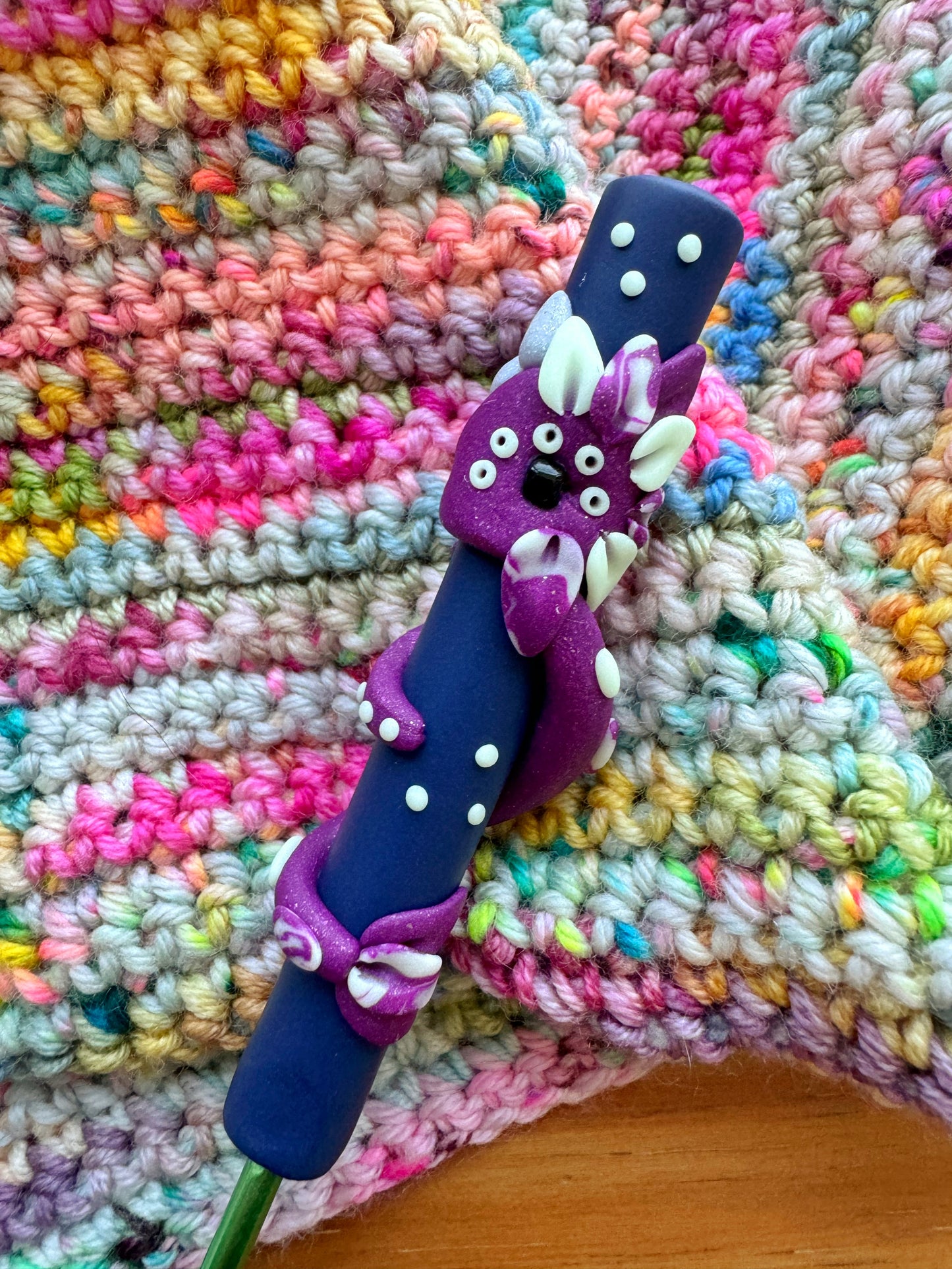 Glow in the Dark Night Dragon, Polymer Clay Ergonomic Dragon Crochet Hook