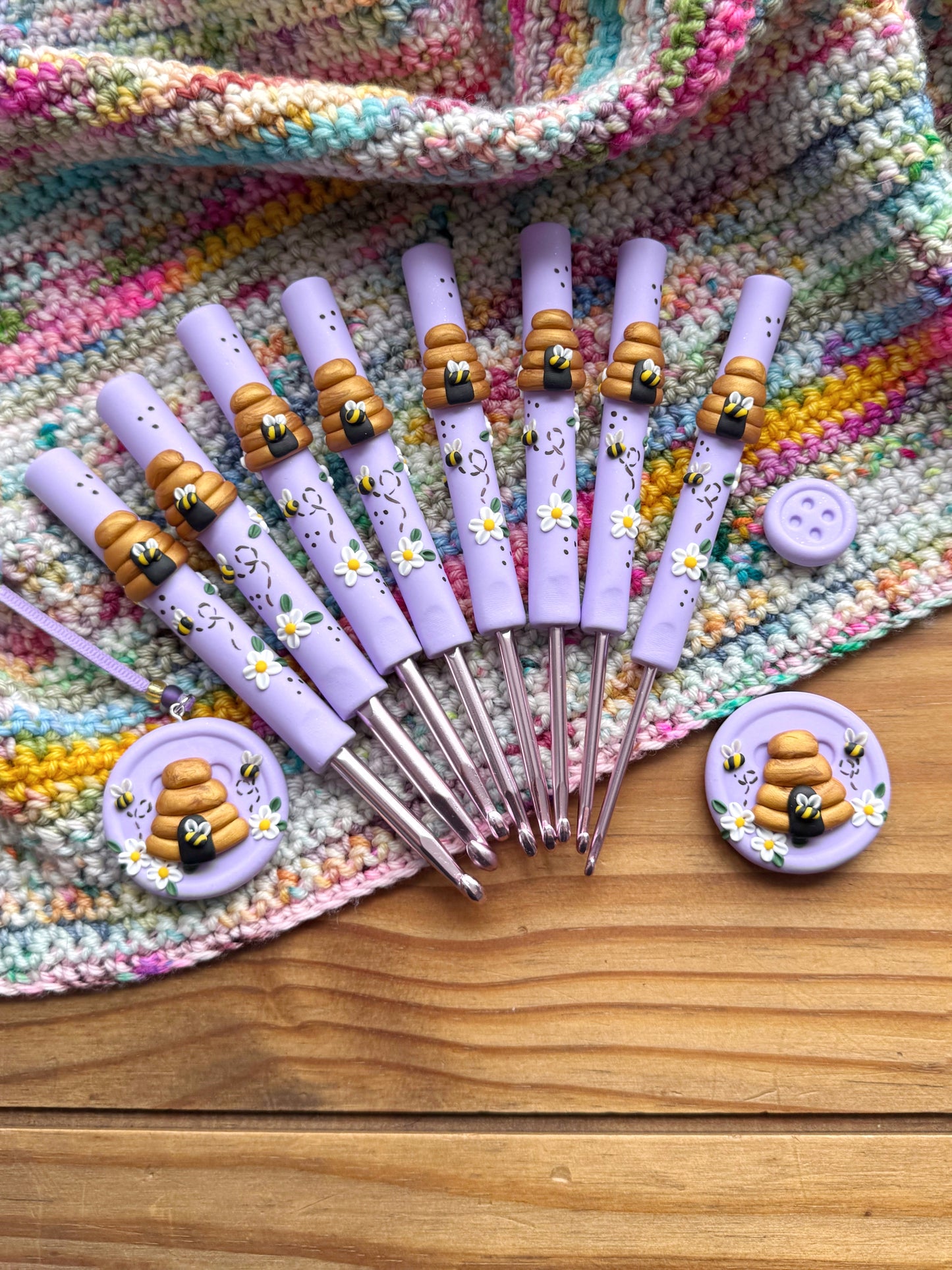 Lilac beehive polymer clay crochet hook