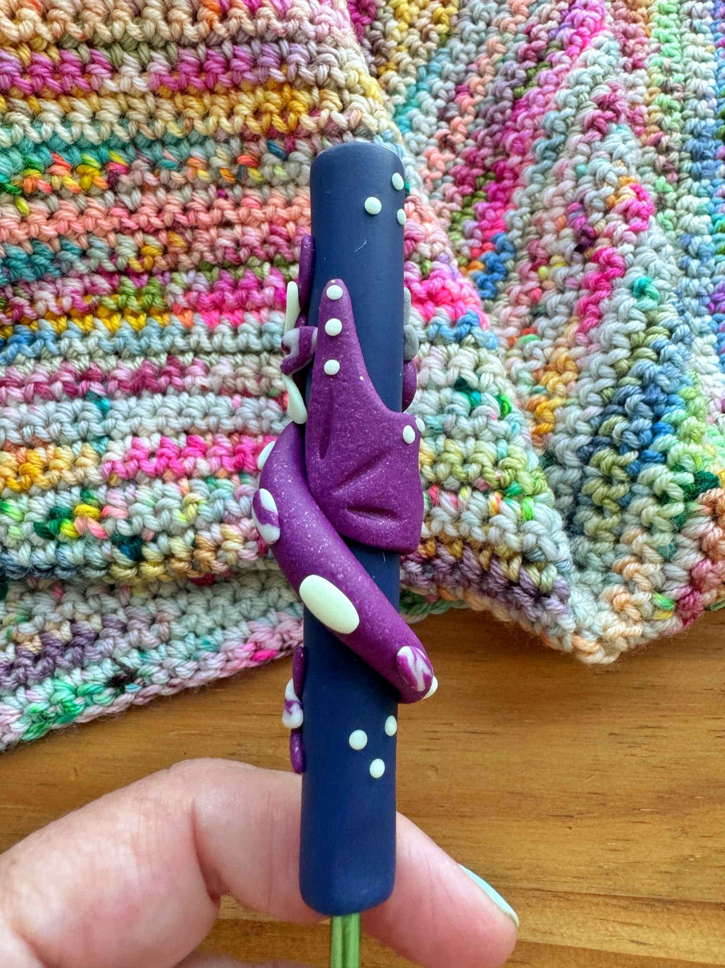 Glow in the Dark Night Dragon, Polymer Clay Ergonomic Dragon Crochet Hook