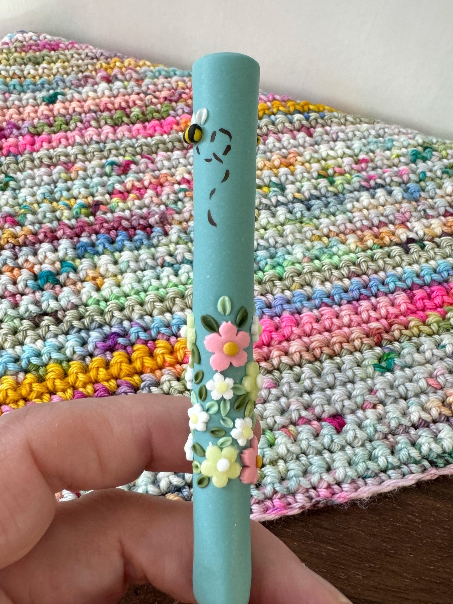 Sea Green Wildflower Crochet Hook, Polymer Clay Ergonomic Crochet Hook