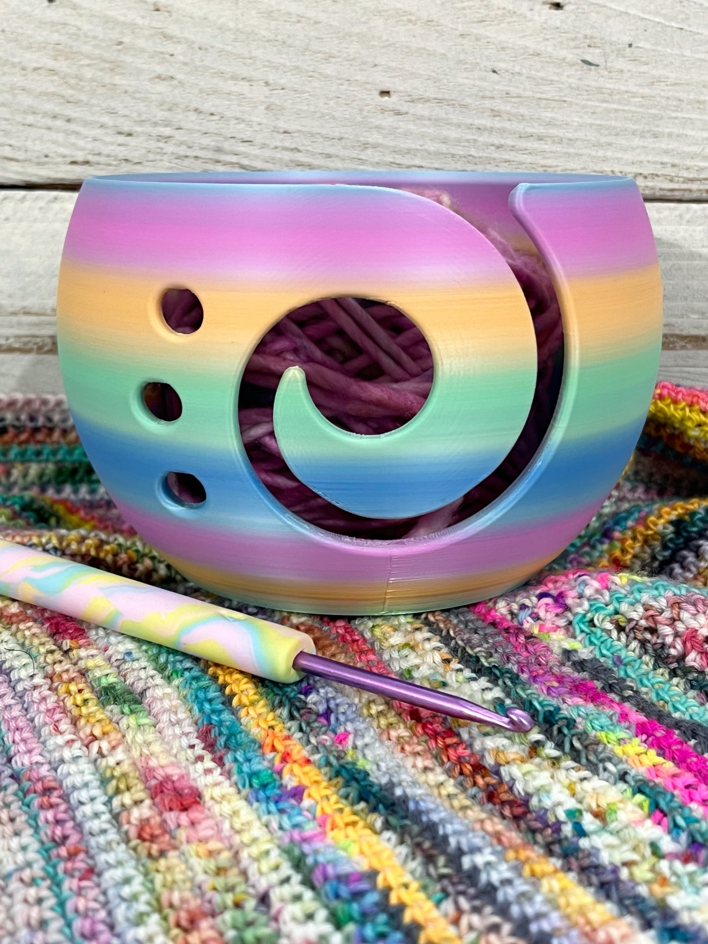 3D Printed Striped Yarn Bowl, Rainbow Yarn Bowl for Knitting and Crochet