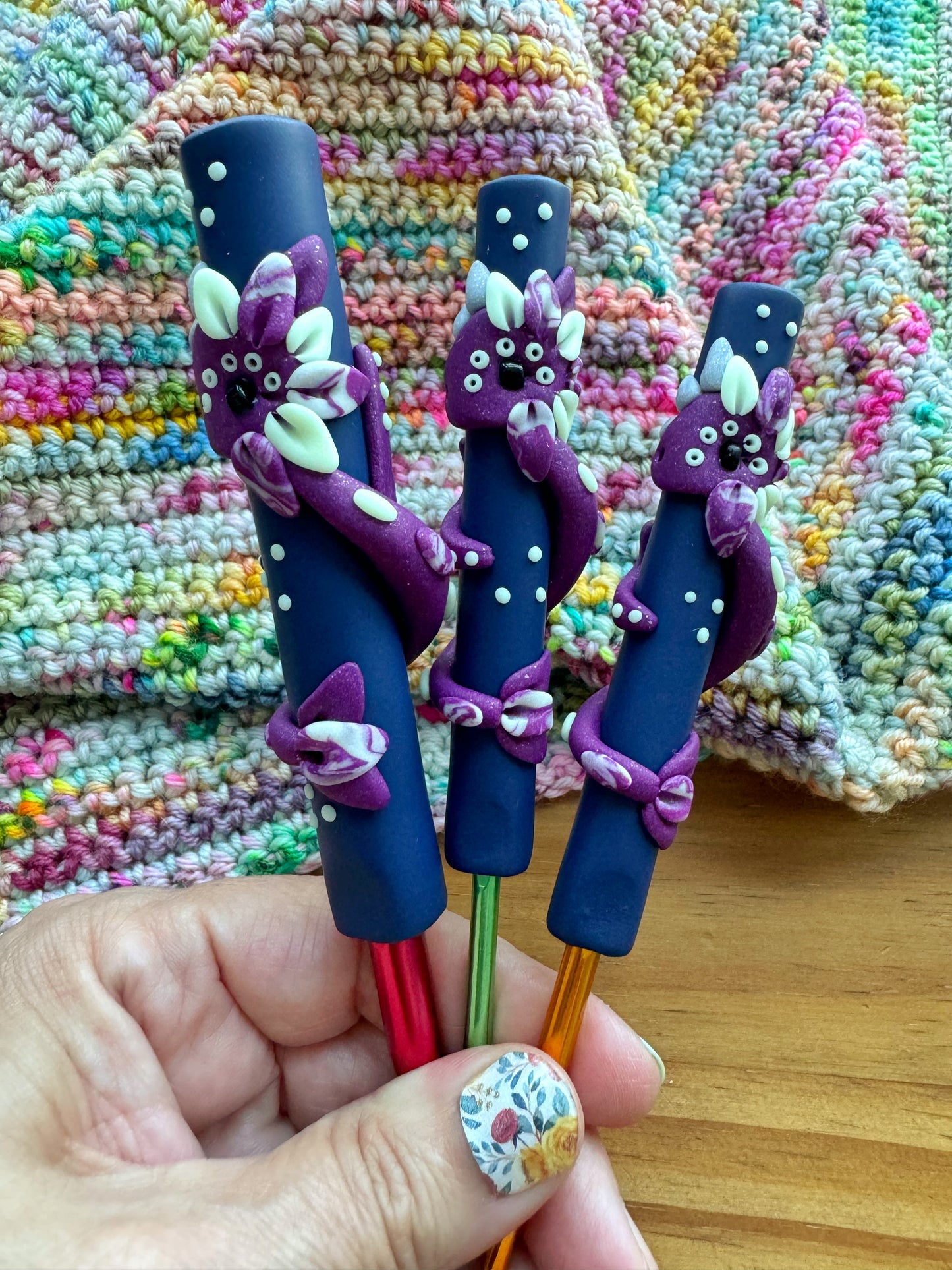Glow in the Dark Night Dragon, Polymer Clay Ergonomic Dragon Crochet Hook
