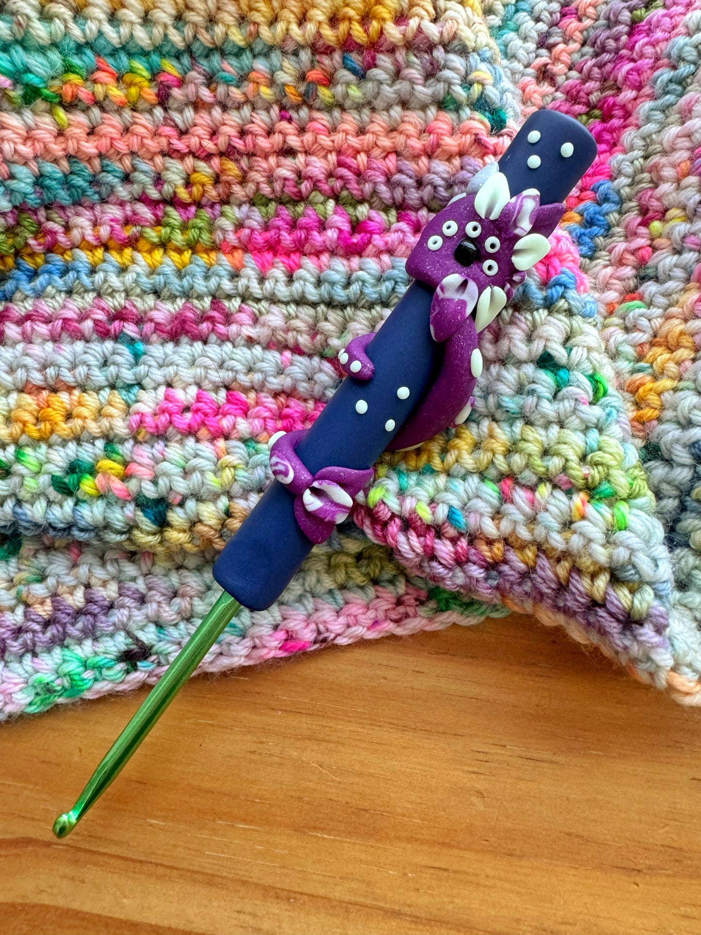 Glow in the Dark Night Dragon, Polymer Clay Ergonomic Dragon Crochet Hook