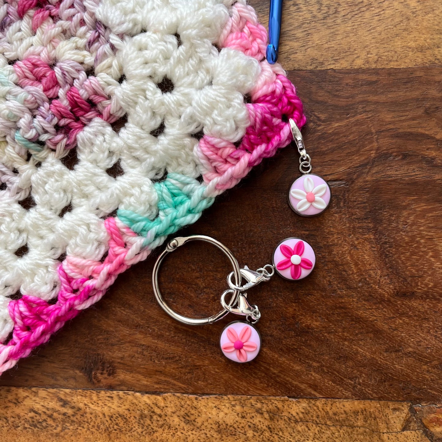 Pink trio of pretty flower stitch markers, crochet progress keepers, autumn accessories, gift for her, stitch holders, pattern markers