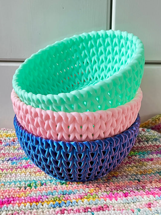 3D Printed Knitted Look Bowl, Yarn Storage Basket, Trinket Dish, Crochet Photo Props
