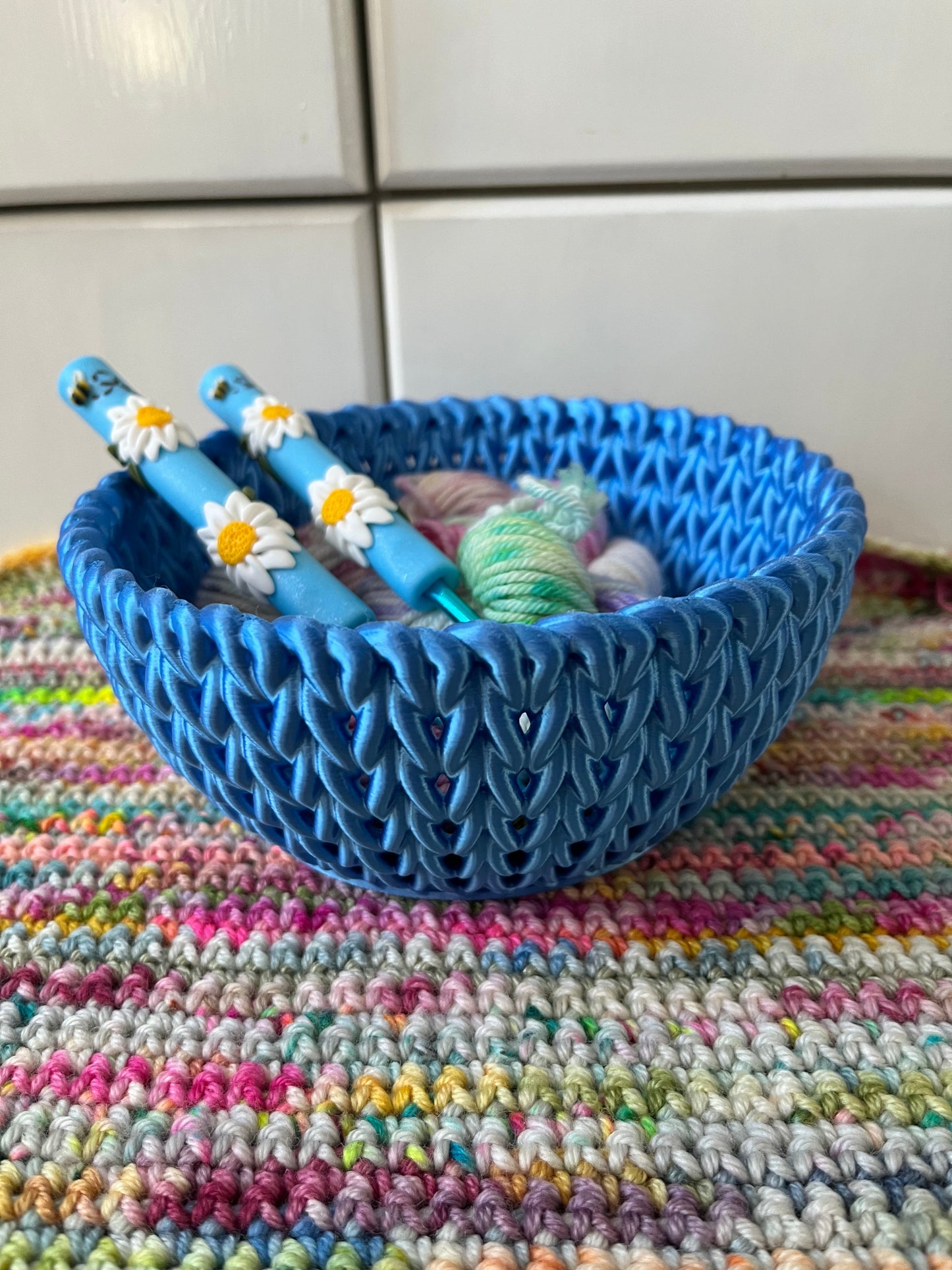 3D Printed Knitted Look Bowl, Yarn Storage Basket, Trinket Dish, Crochet Photo Props