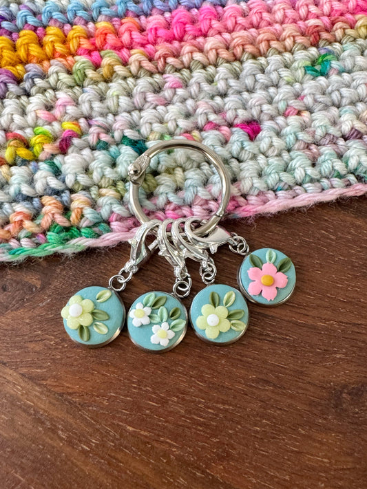 Sea Green Wildflower Stitch Markers, Progress Keepers for Knitting and Crochet, Pastel Crochet Accessories