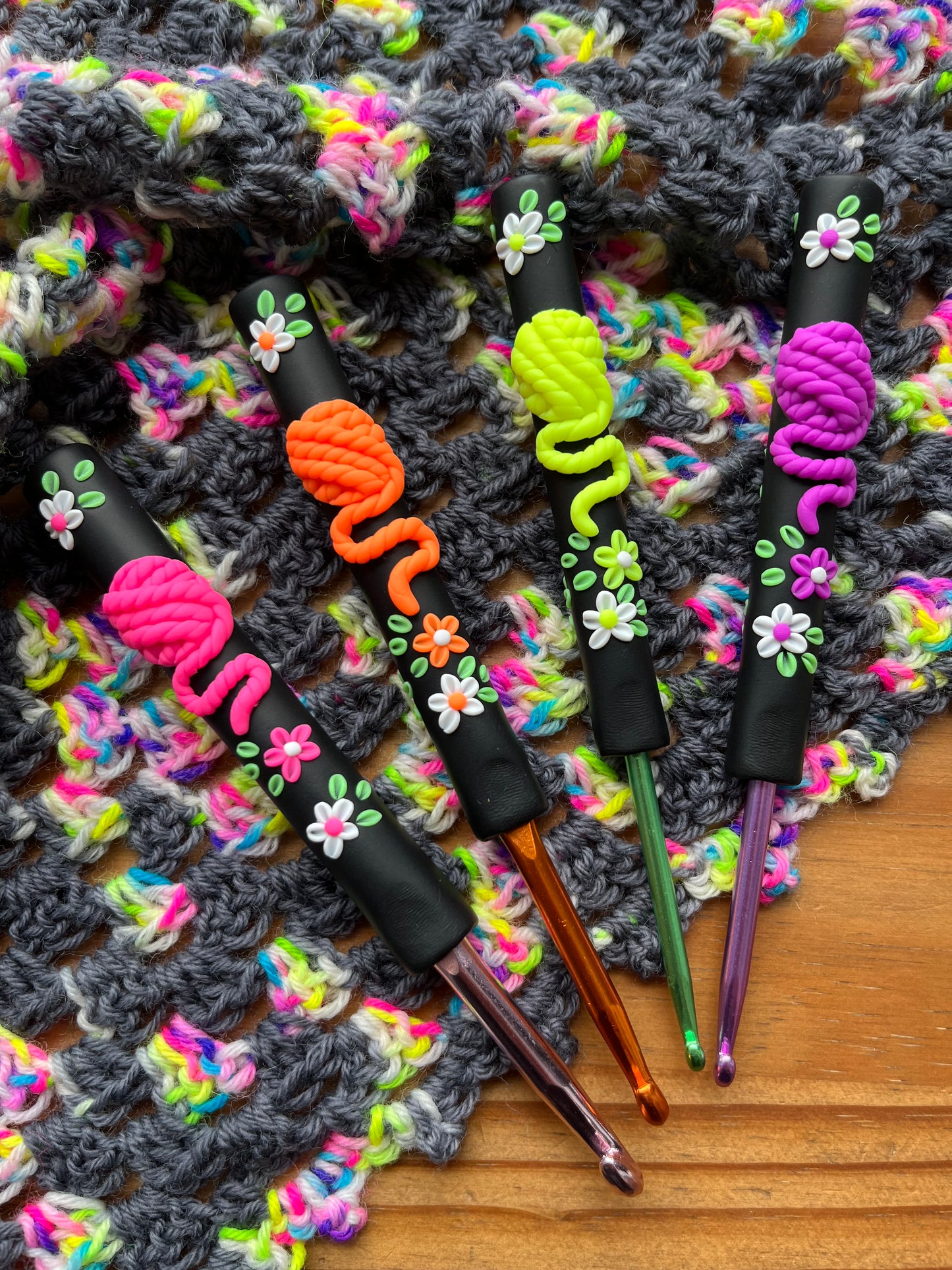 Neon Yarn Ball Crochet Hook, Handmade Polymer Clay Crochet Hook