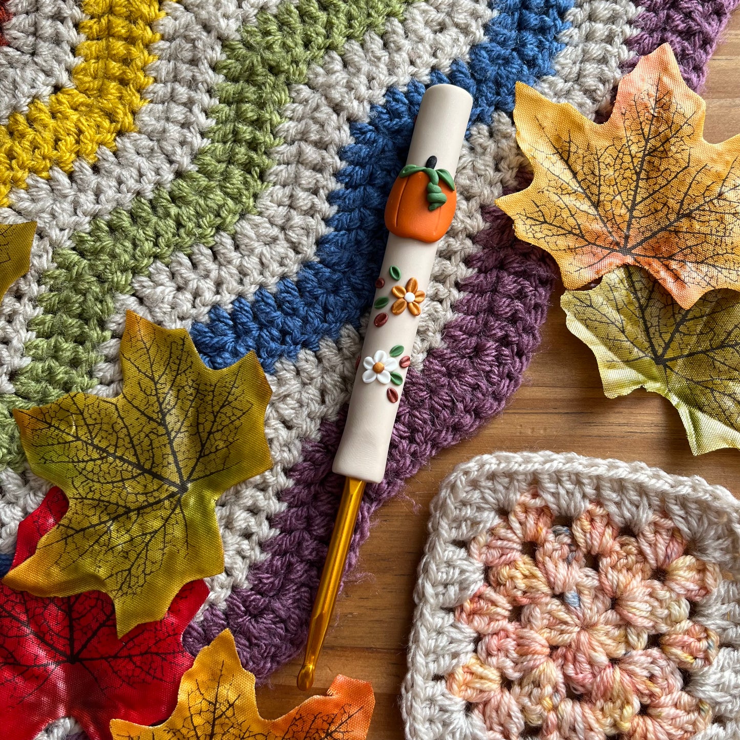 Beige pumpkin polymer clay crochet hook