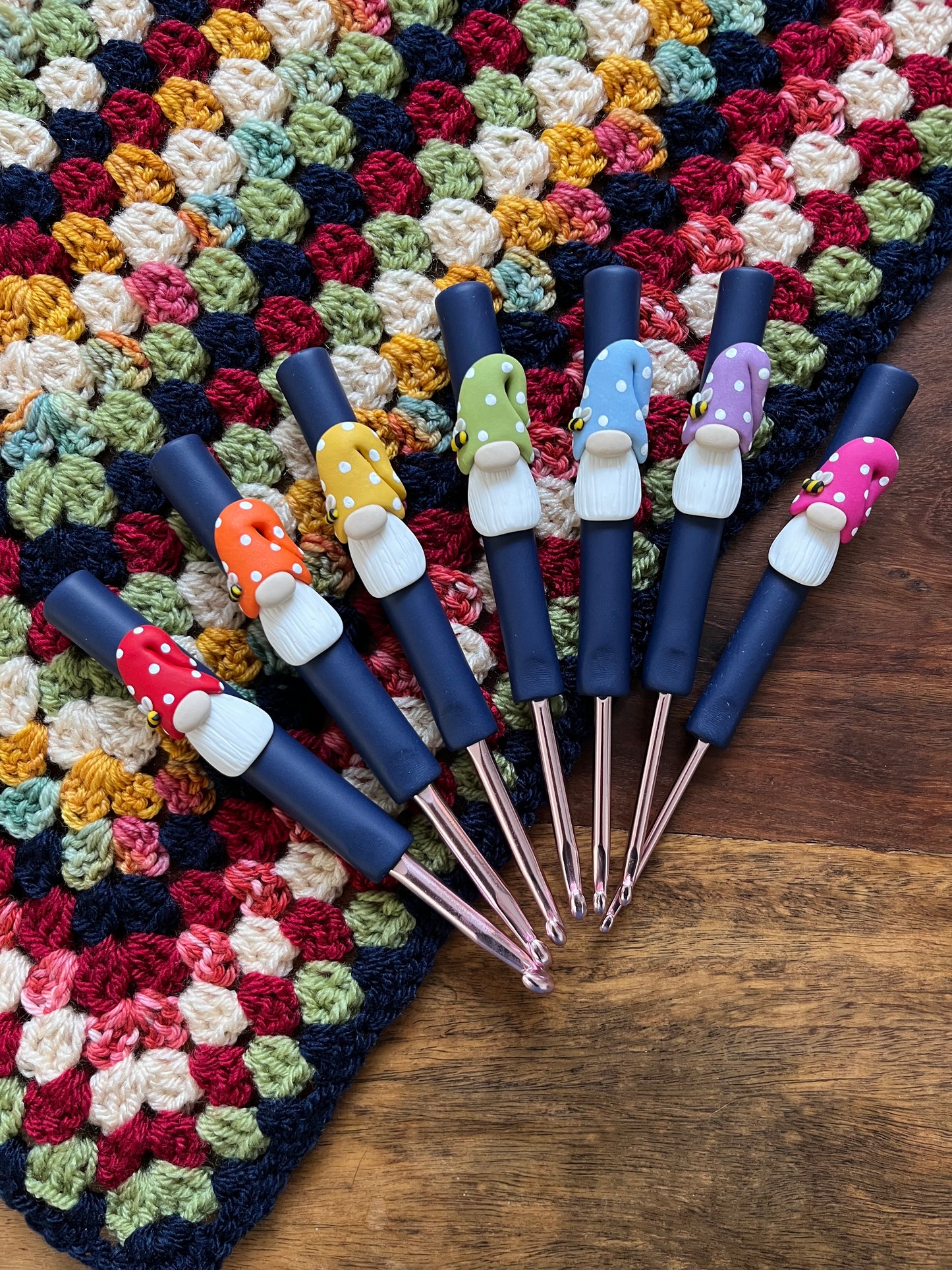 Rainbow gnome crochet hook, polymer clay crochet hooks, yarn lover, gonks, choose your colour