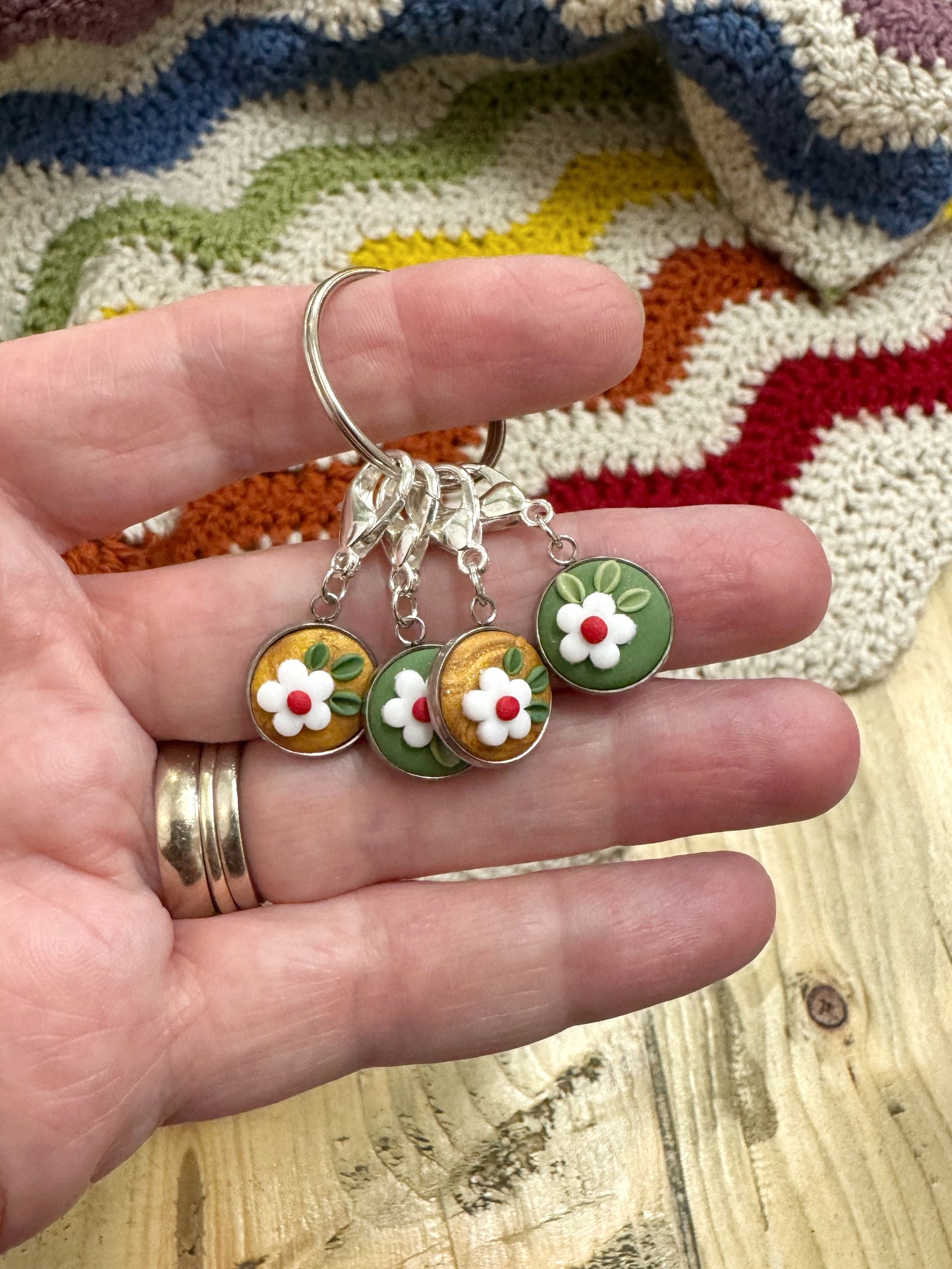 Gold and Green Flower Progress Keepers, Stitch Markers for Knitting and Crochet