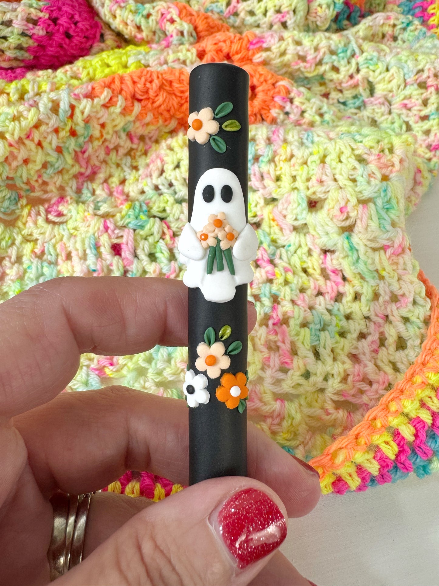 Flower Ghost Polymer Clay Crochet Hook, Halloween Crochet Hook
