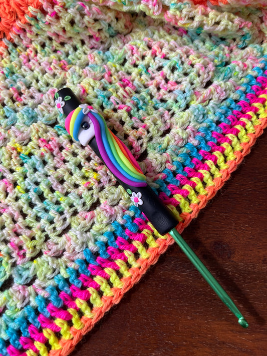Neon unicorn polymer clay crochet hook, bright crochet accessories, mythical creature crochet