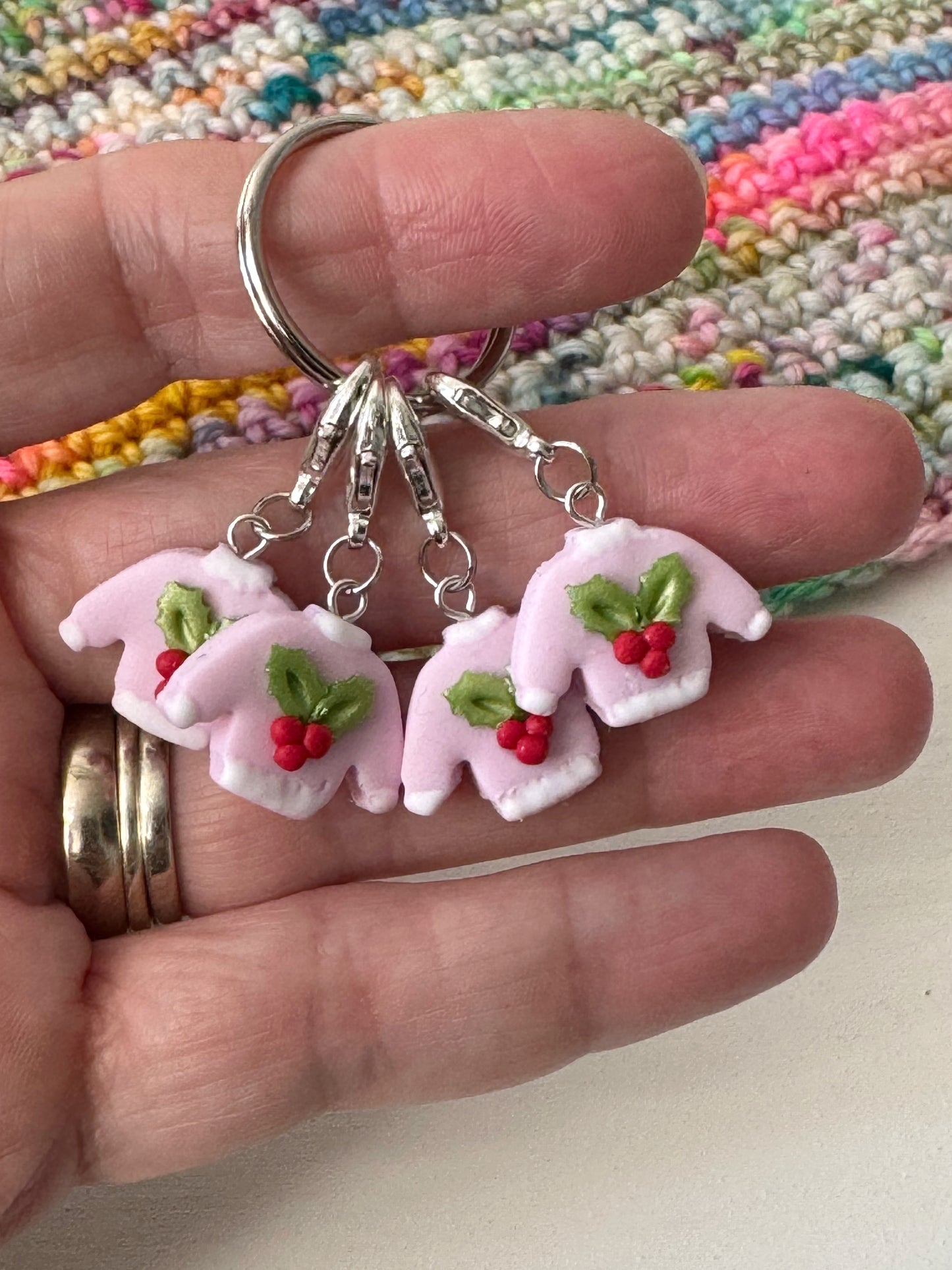 Pink Christmas Jumper Stitch Markers, Festive Progress Keepers