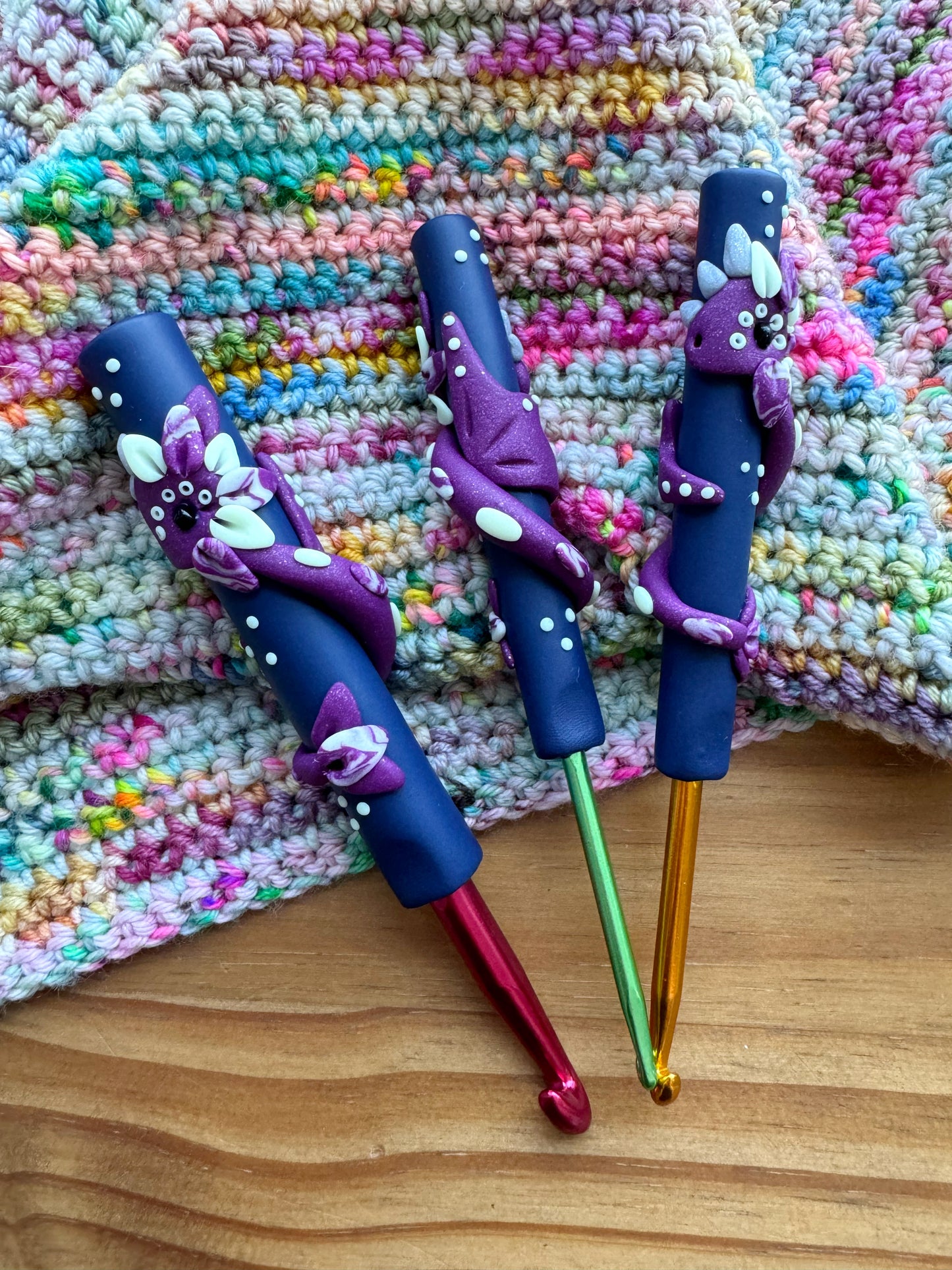 Glow in the Dark Night Dragon, Polymer Clay Ergonomic Dragon Crochet Hook