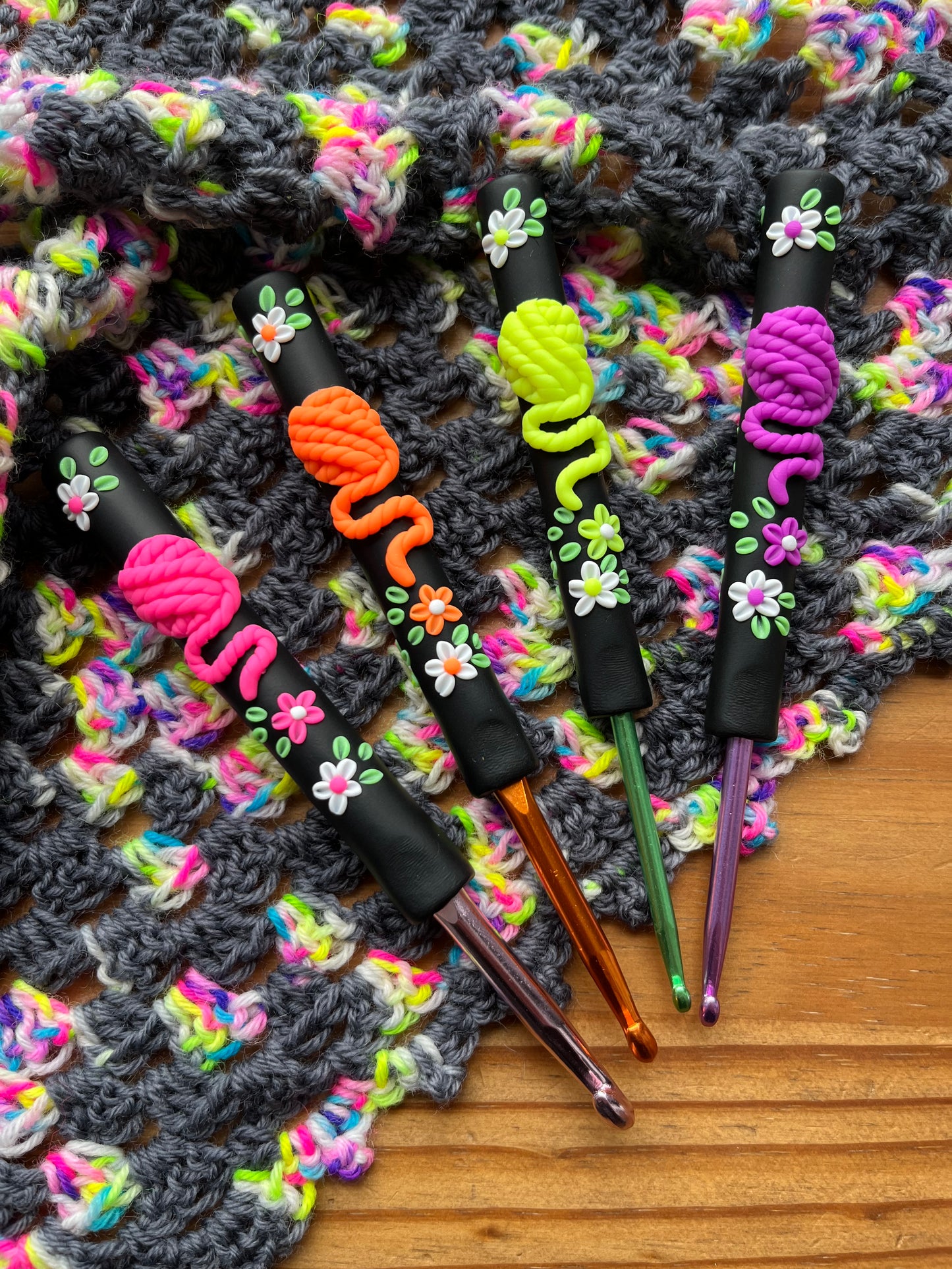 Neon Yarn Ball Crochet Hook, Handmade Polymer Clay Crochet Hook