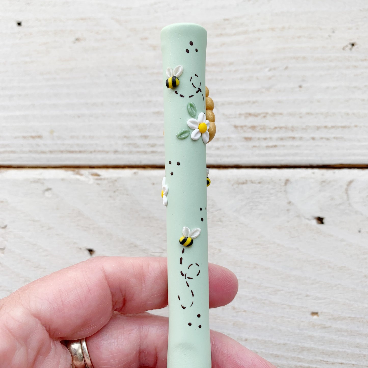 Mint beehive crochet hook, polymer clay bumble bee crochet hooks, crochet gifts