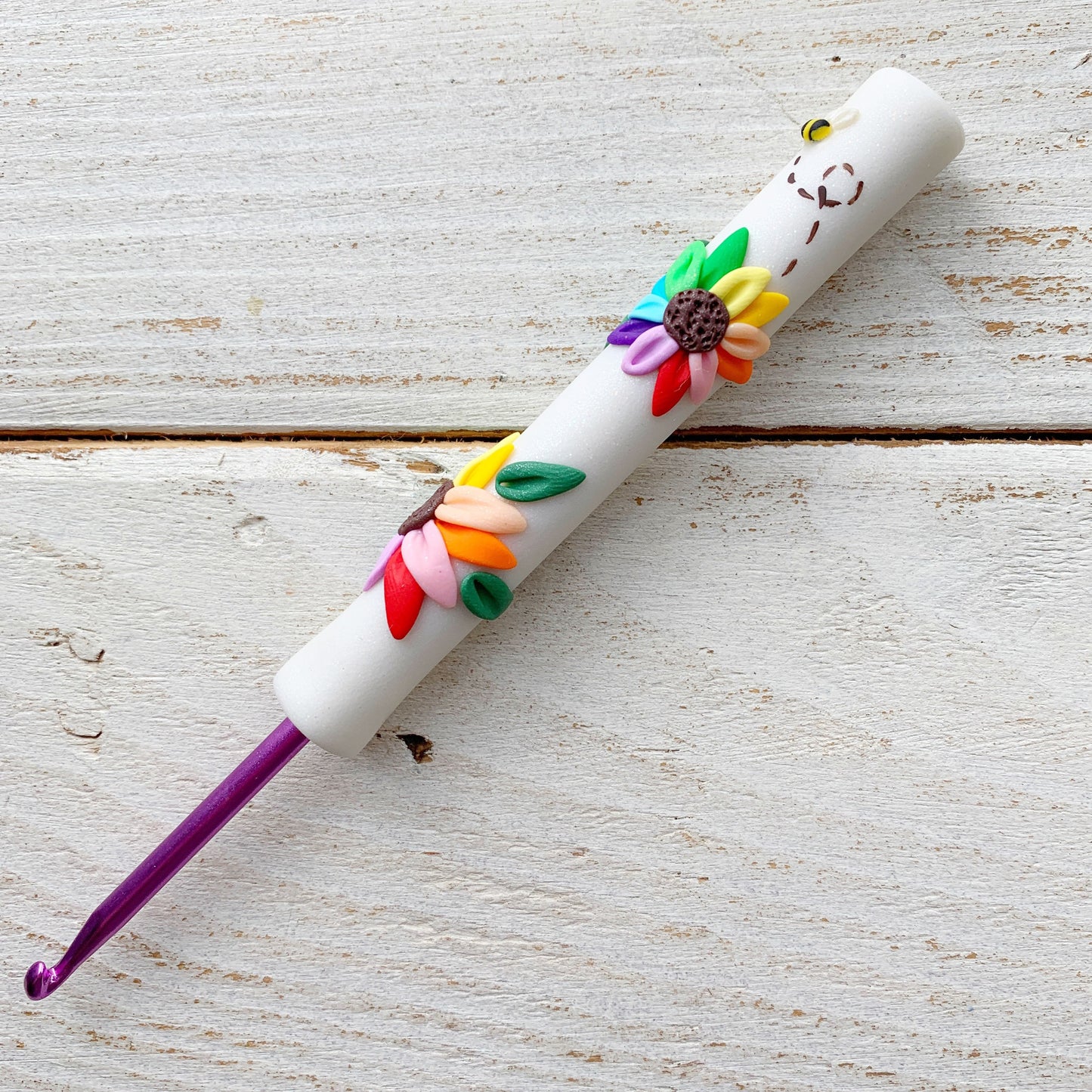 Rainbow flower polymer clay crochet hook
