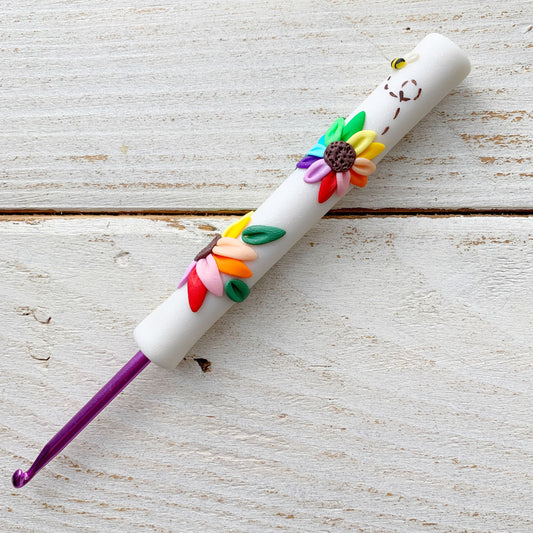 Rainbow flower polymer clay crochet hook