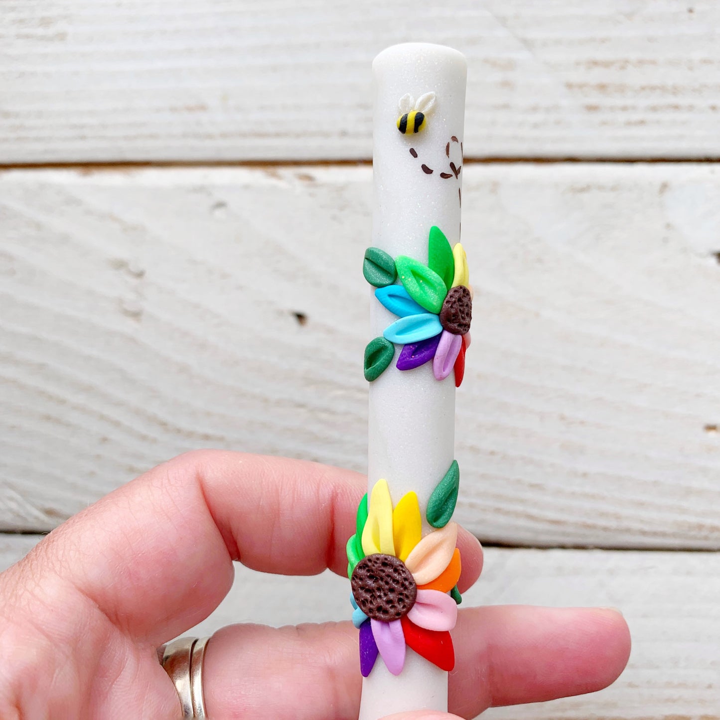 Rainbow flower polymer clay crochet hook