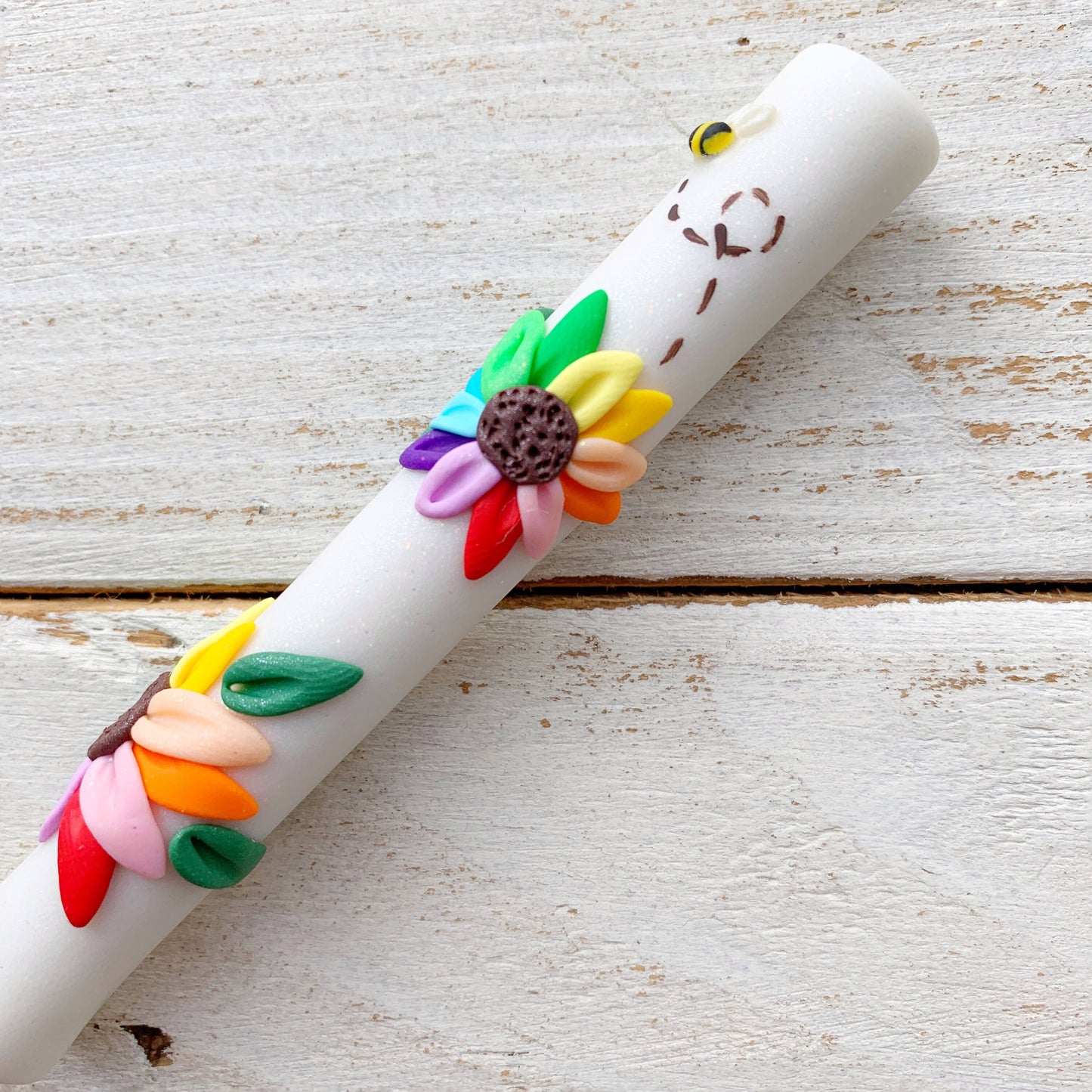 Rainbow flower polymer clay crochet hook