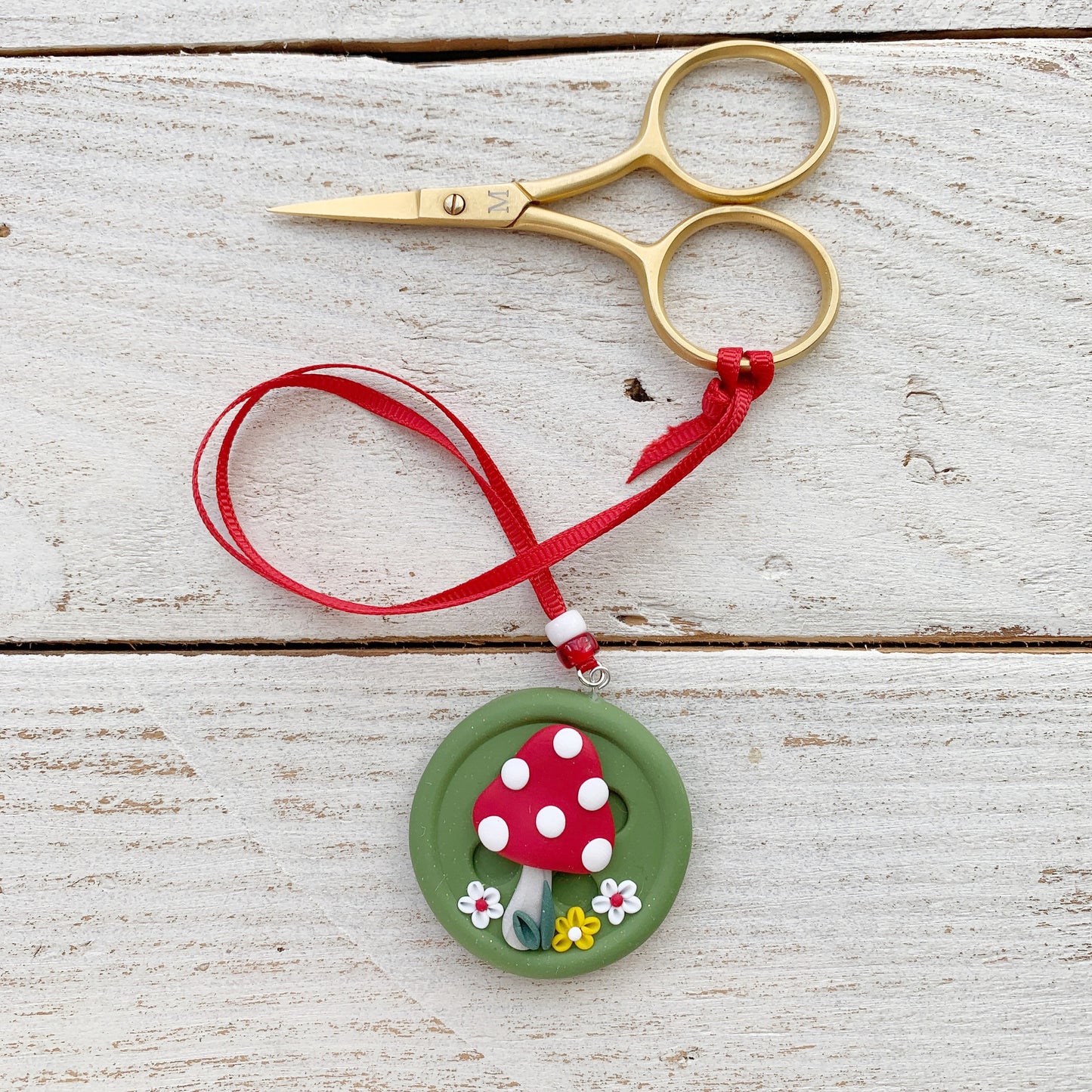 Mushroom scissor fob, scissor keeper, crochet tools, gift for her, photo props, cross stitch accessories